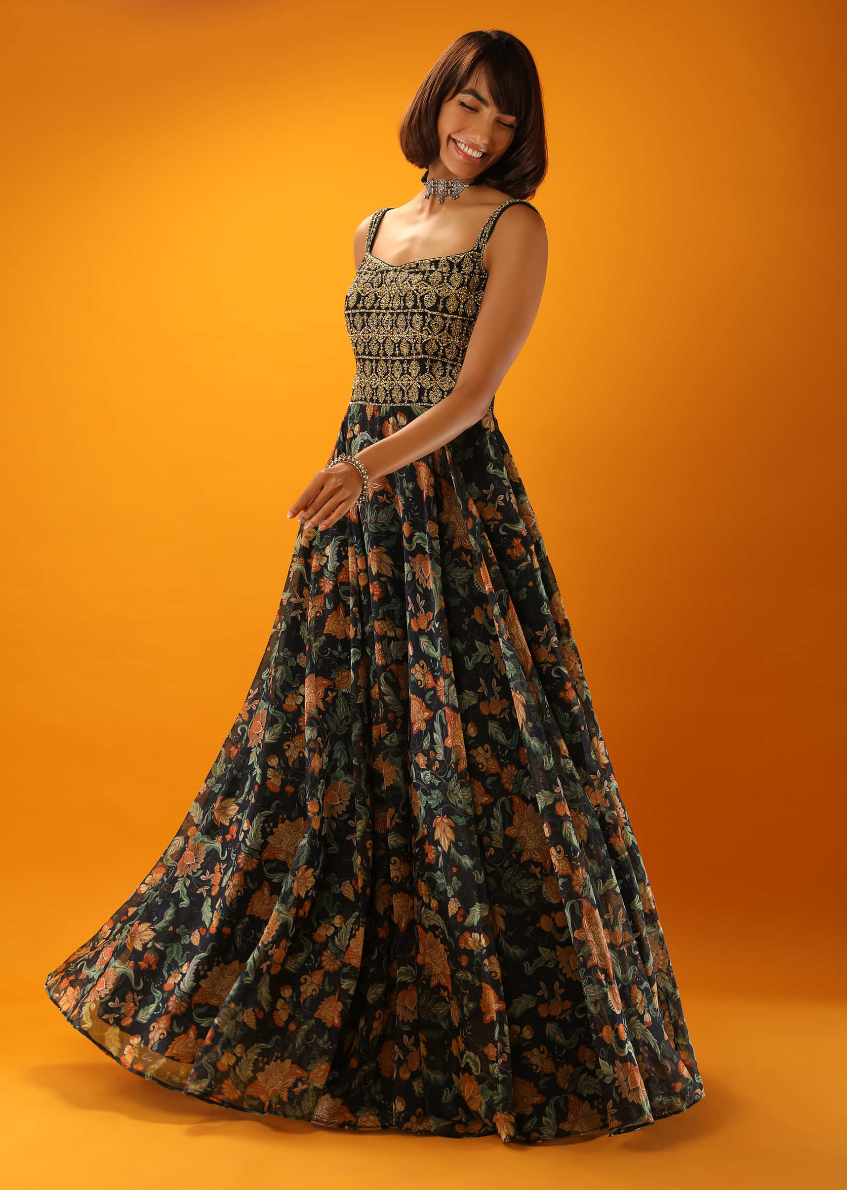 Midnight Blue Anarkali Dress In Organza With Floral Print And Kundan Accented Bodice  