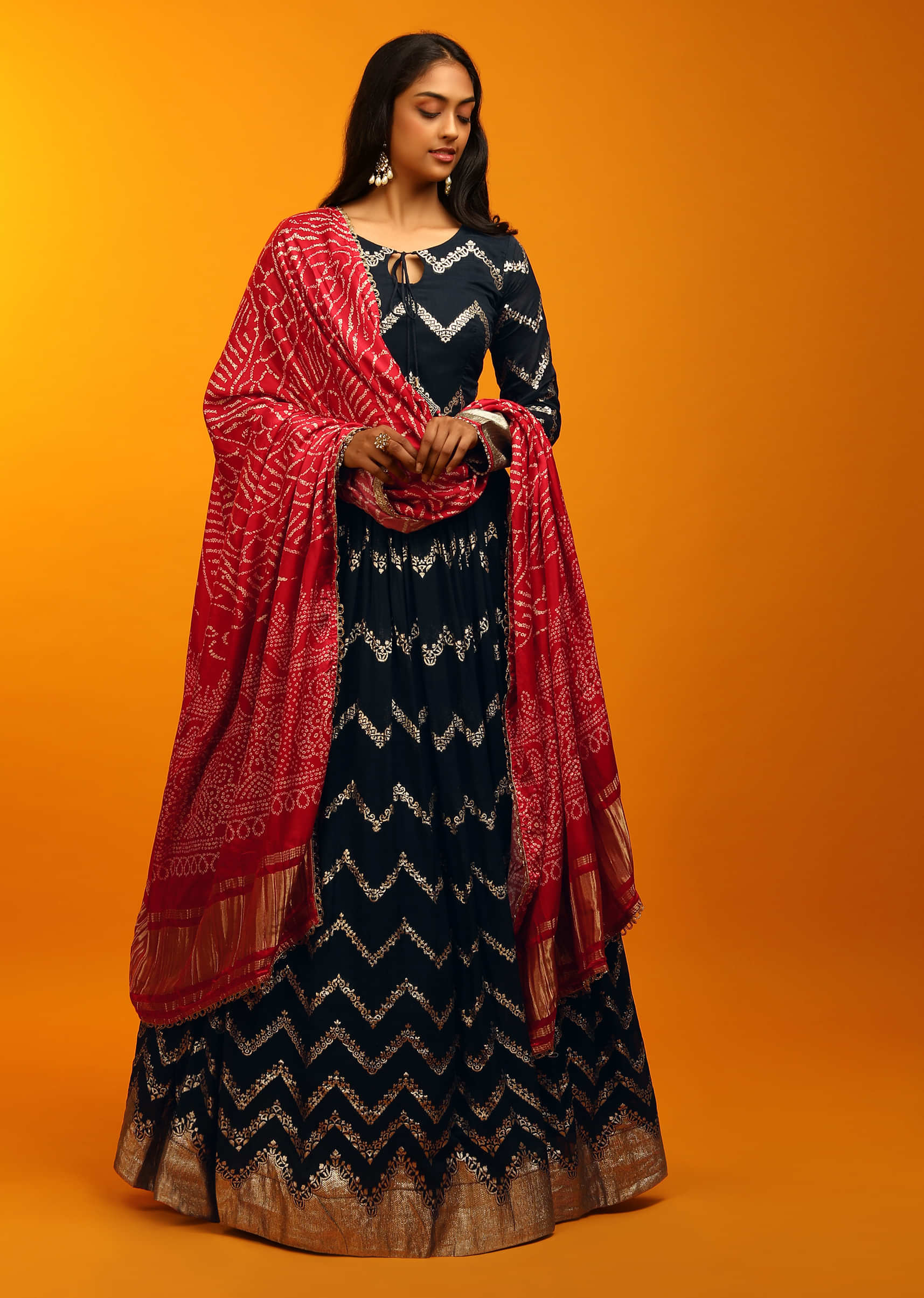 Midnight Blue Anarkali Suit In Brocade Silk With Woven Chevron Design And Red Bandhani Dupatta