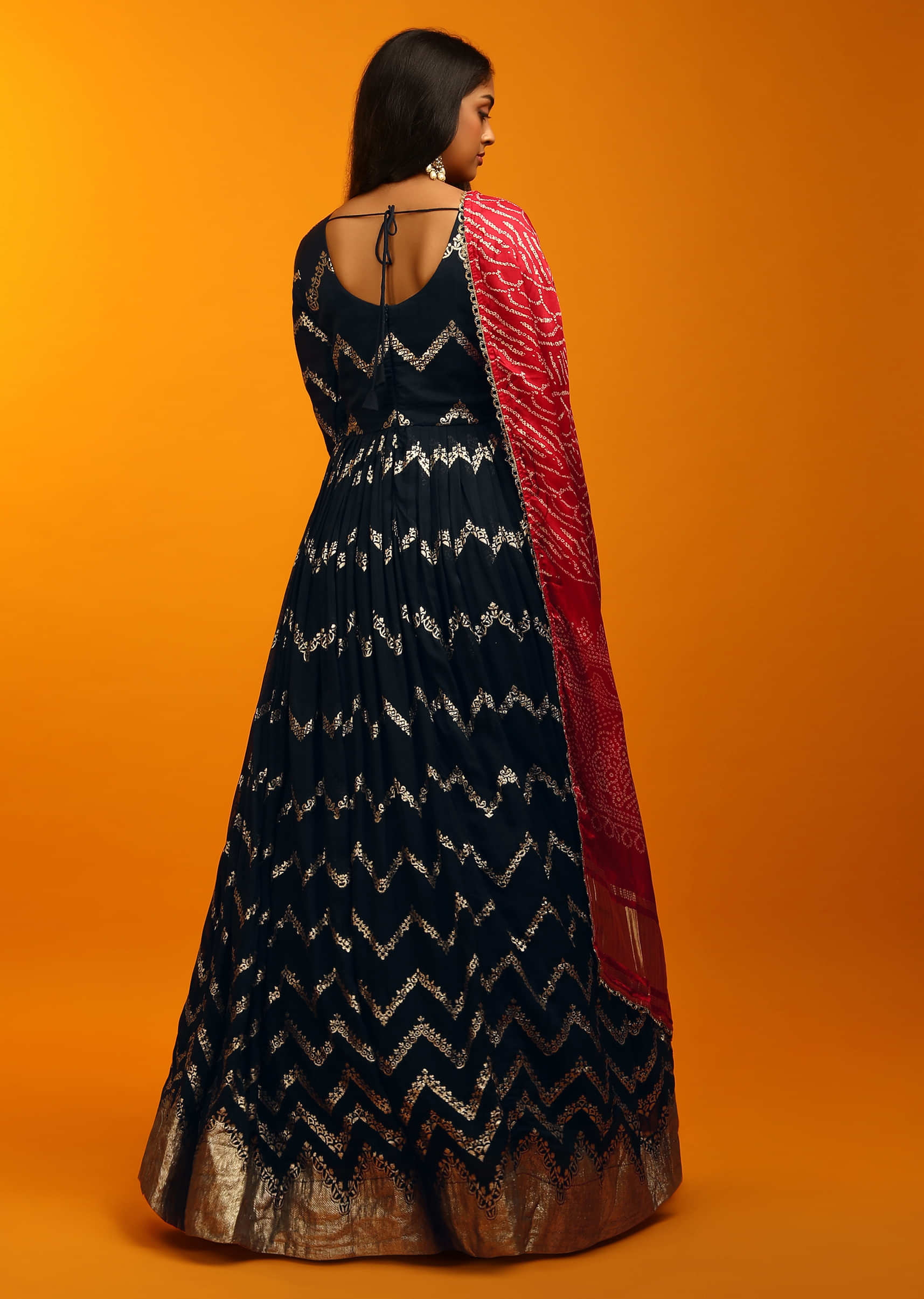 Midnight Blue Anarkali Suit In Brocade Silk With Woven Chevron Design And Red Bandhani Dupatta