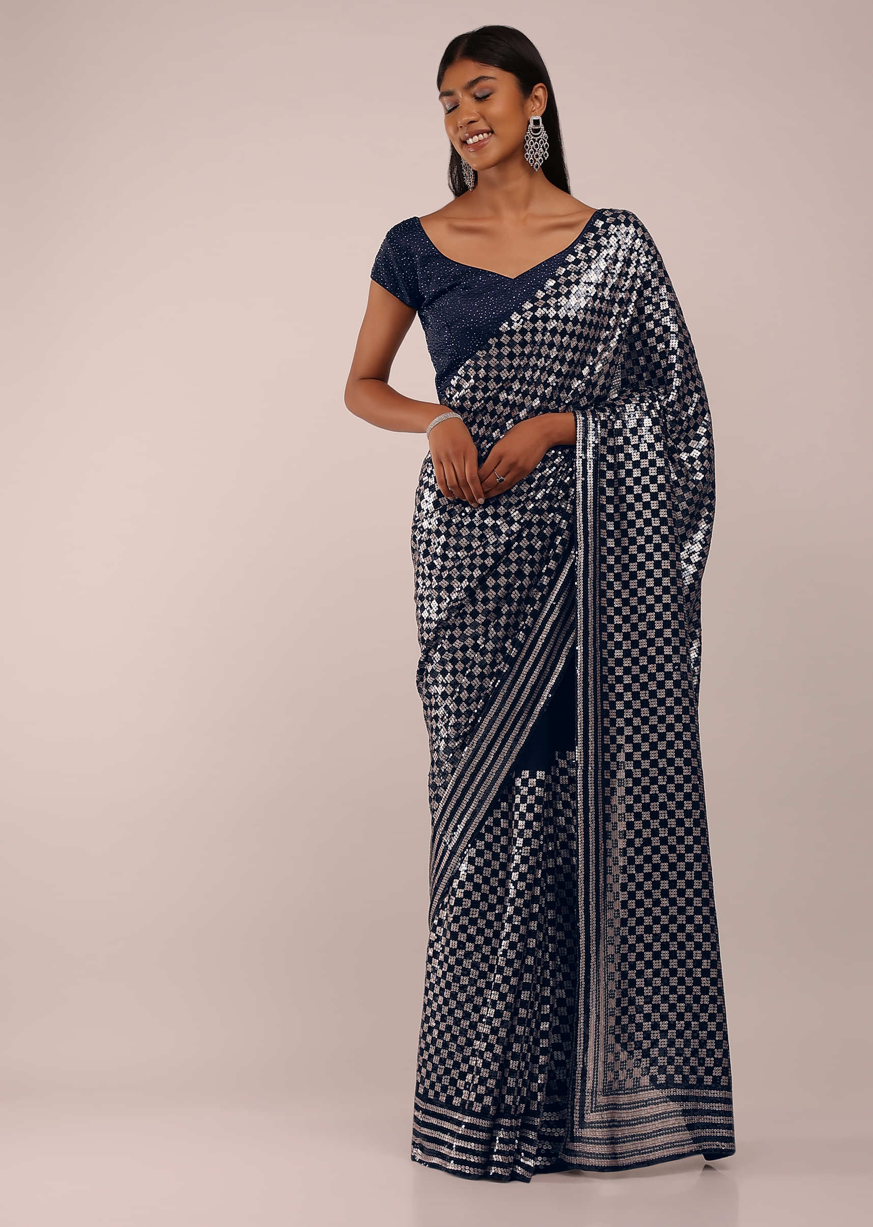 Midnight Blue Chiffon Saree In Blue And Black Sequins Embroidery In Geometrical Motifs In A Checks Jaal
