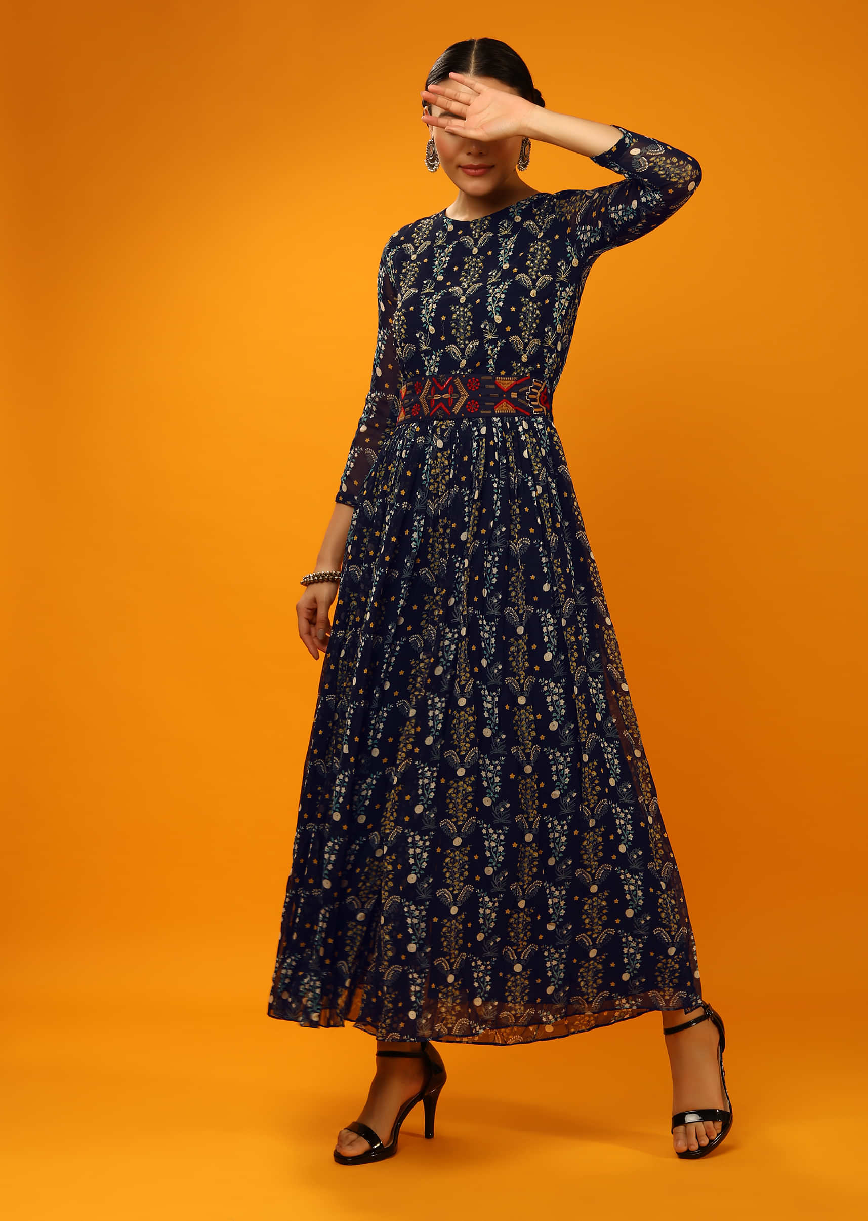 Midnight Blue Jumpsuit In Georgette With Floral Print And Thread Embroidered Belt