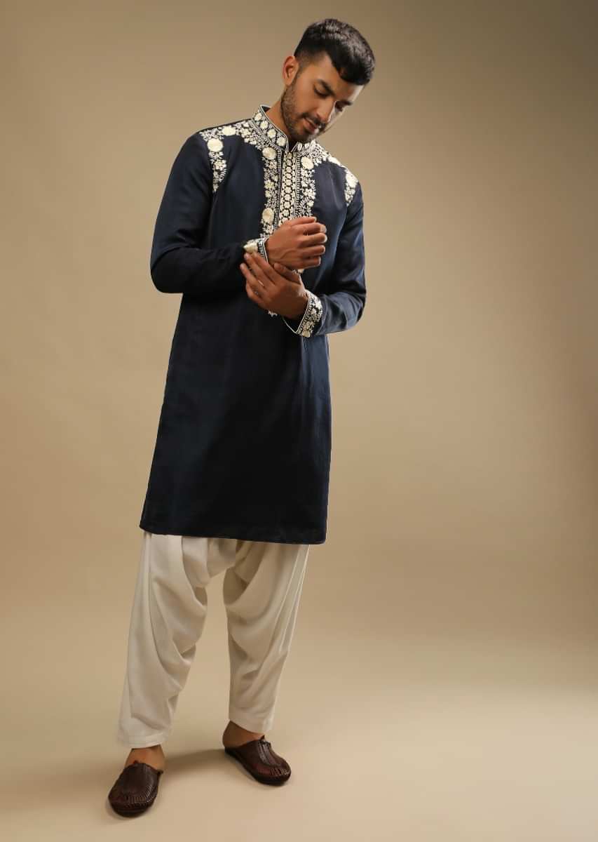 Midnight Blue Kurta And Salwar Set In Silk With White color bottoms and Embroidered  work Floral Motifs On The Placket  