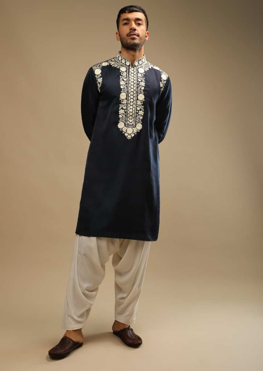 Midnight Blue Kurta And Salwar Set In Silk With White color bottoms and Embroidered  work Floral Motifs On The Placket  