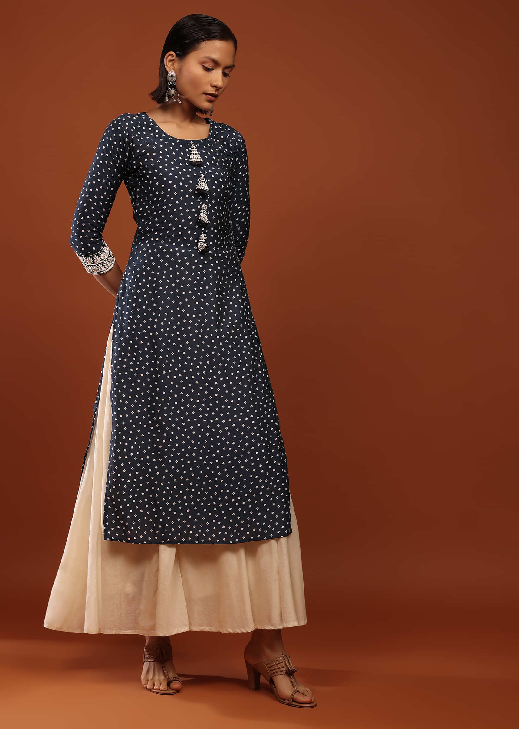Midnight Blue Kurta In Cotton With Bandhani Buttis And Moti Detailed Tassels And Sleeve Cuffs