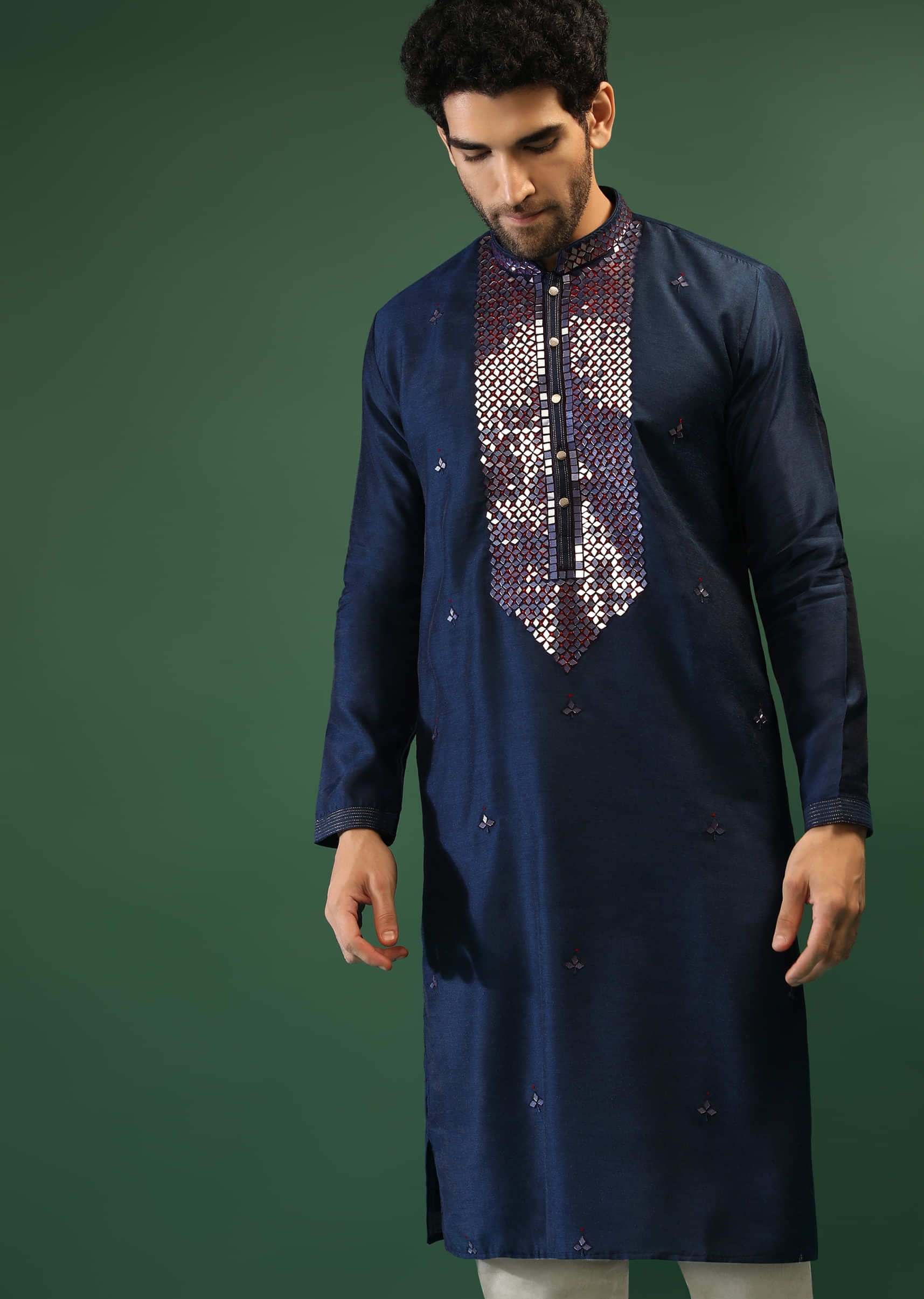 Midnight Blue Kurta Set In Raw Silk With Golden Mirror Embroidered Placket And Geometric Buttis  
