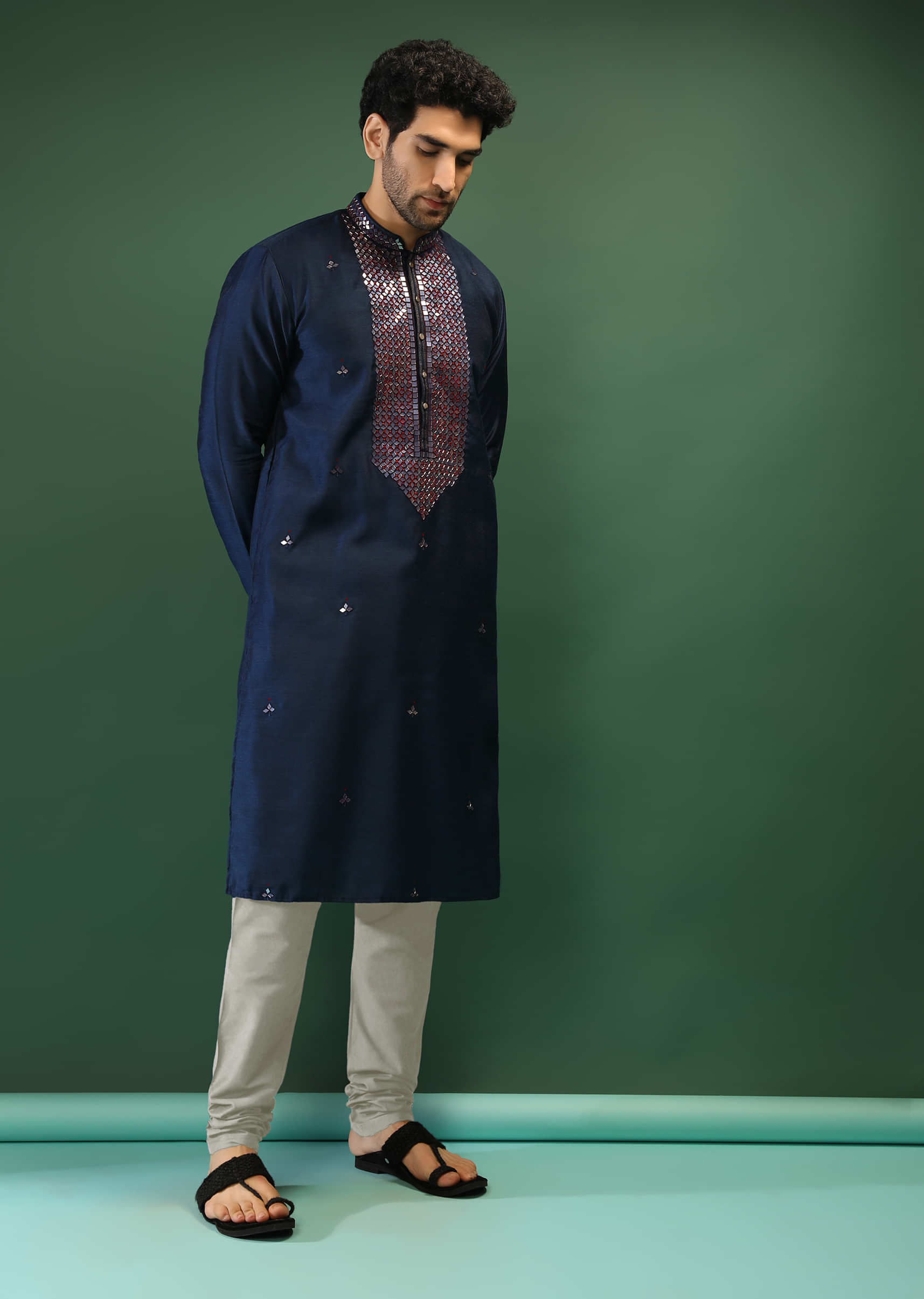Midnight Blue Kurta Set In Raw Silk With Golden Mirror Embroidered Placket And Geometric Buttis  