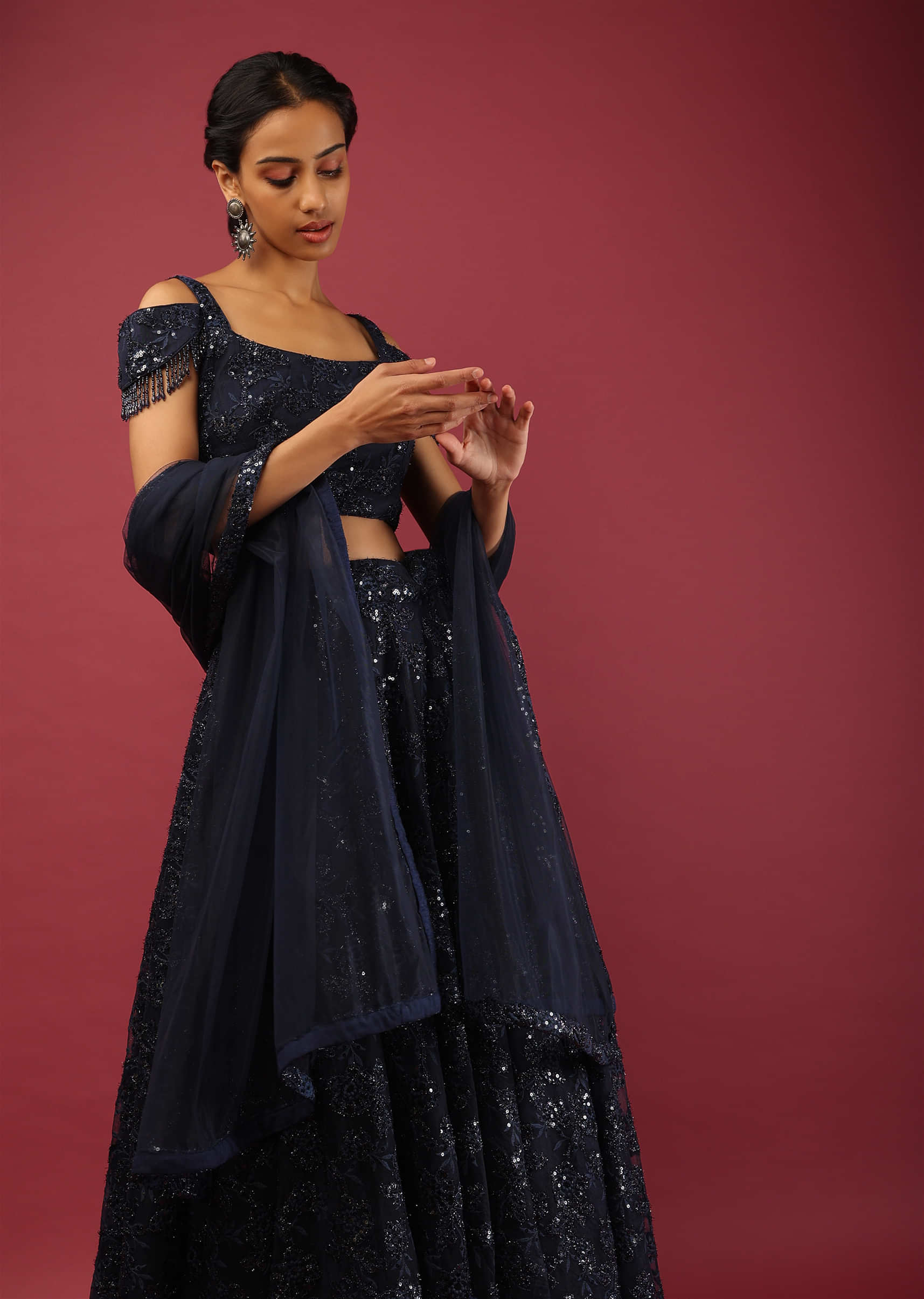 Midnight Blue Lehenga Choli In Embroidered Net With Bead Fringes On The Cold Shoulder Sleeves 