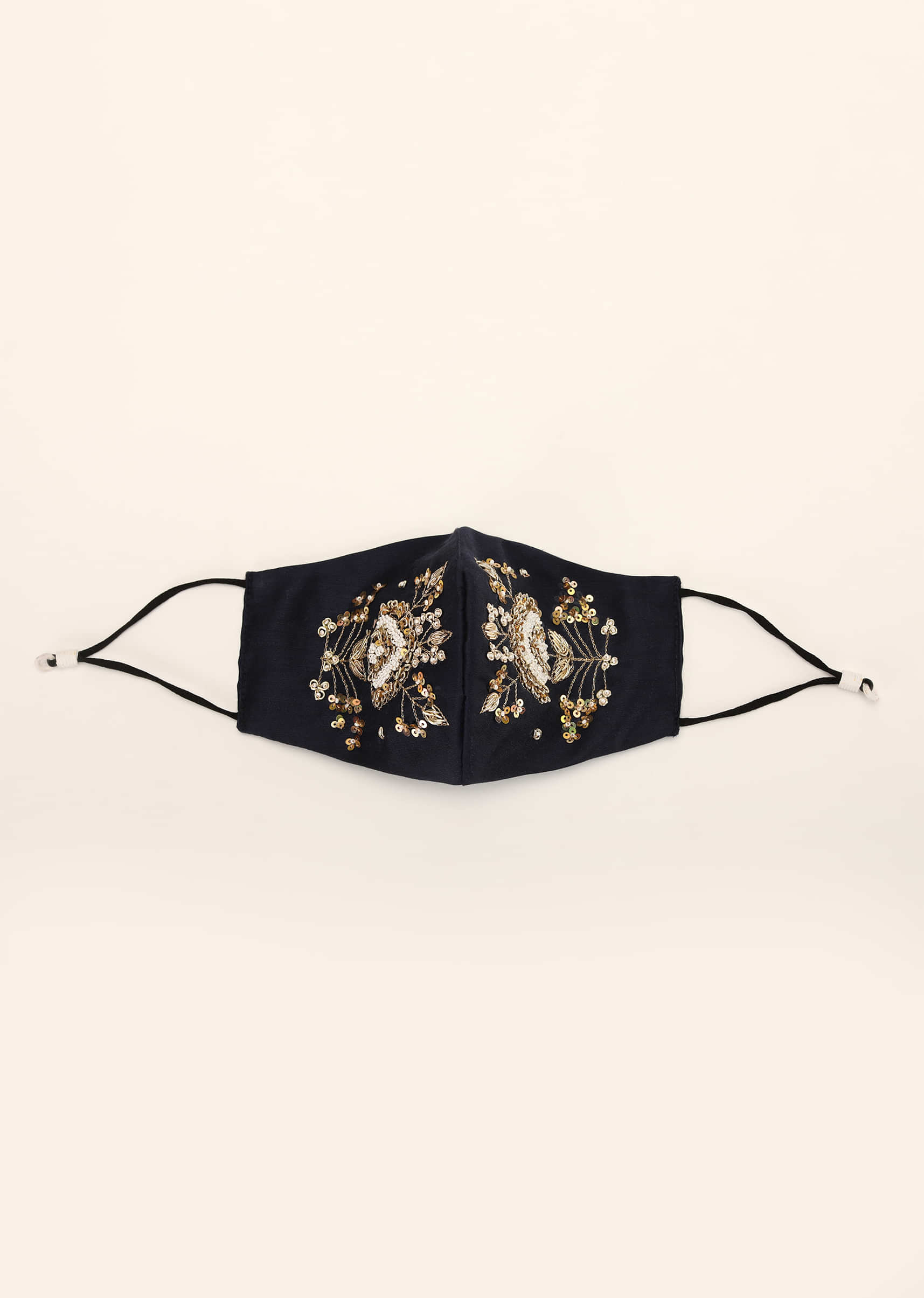 Midnight Blue Mask In Silk With Moti And Zardosi Embroidered Floral Motif