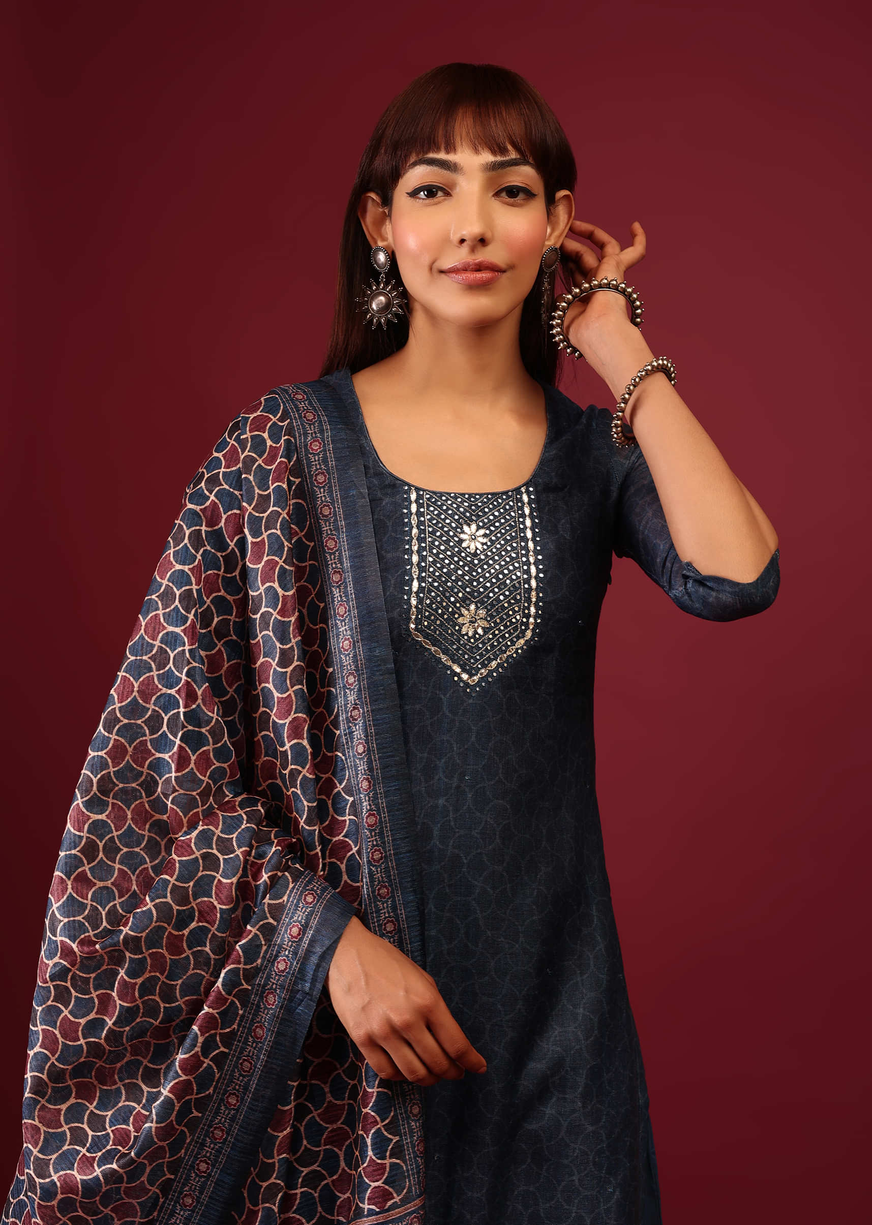 Midnight Blue Palazzo Suit In Tussar Silk With Ajrakh Handblock Print And Embroidery 