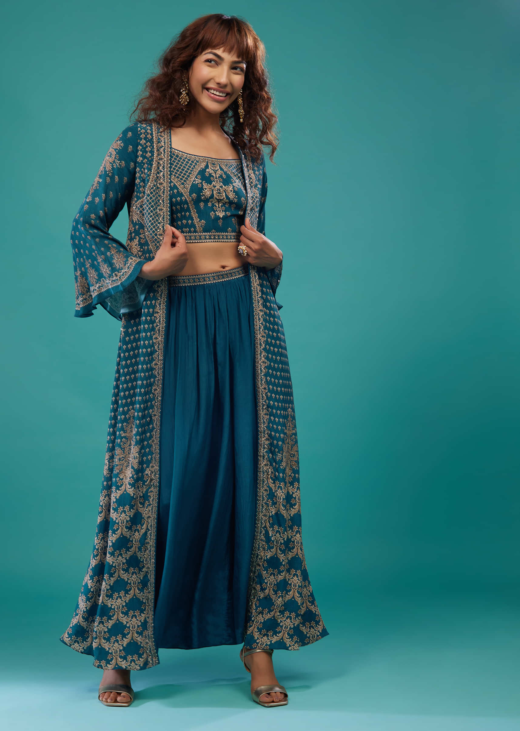 Midnight Blue Printed Palazzo Crop-Top Set In Pure Georgette