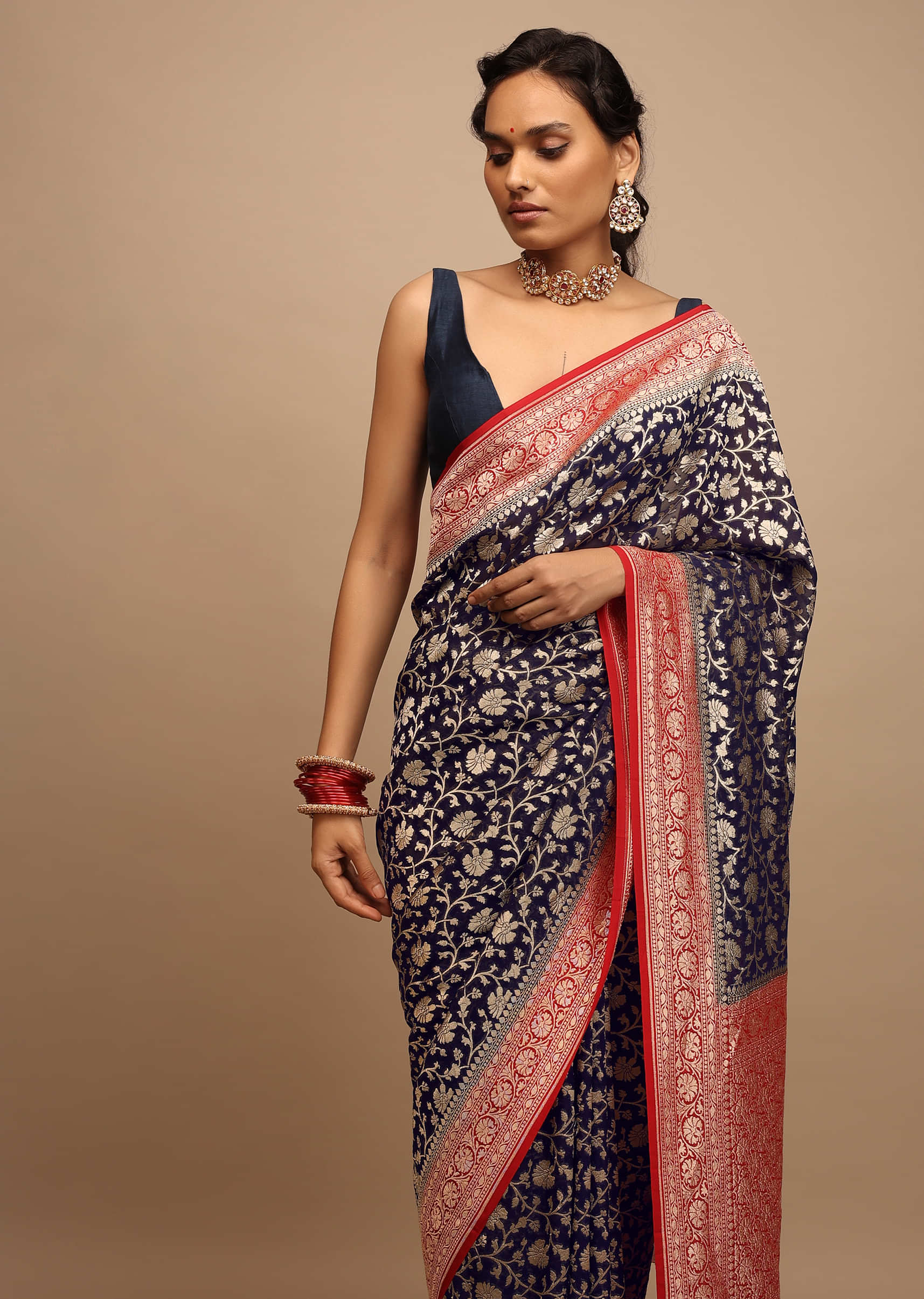 Navy Blue Saree In Georgette With Contrasting Red Border And Woven Floral Jaal Work