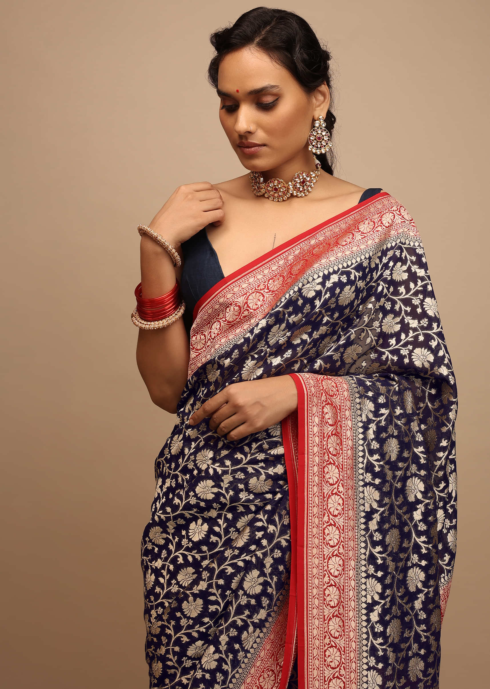 Navy Blue Saree In Georgette With Contrasting Red Border And Woven Floral Jaal Work