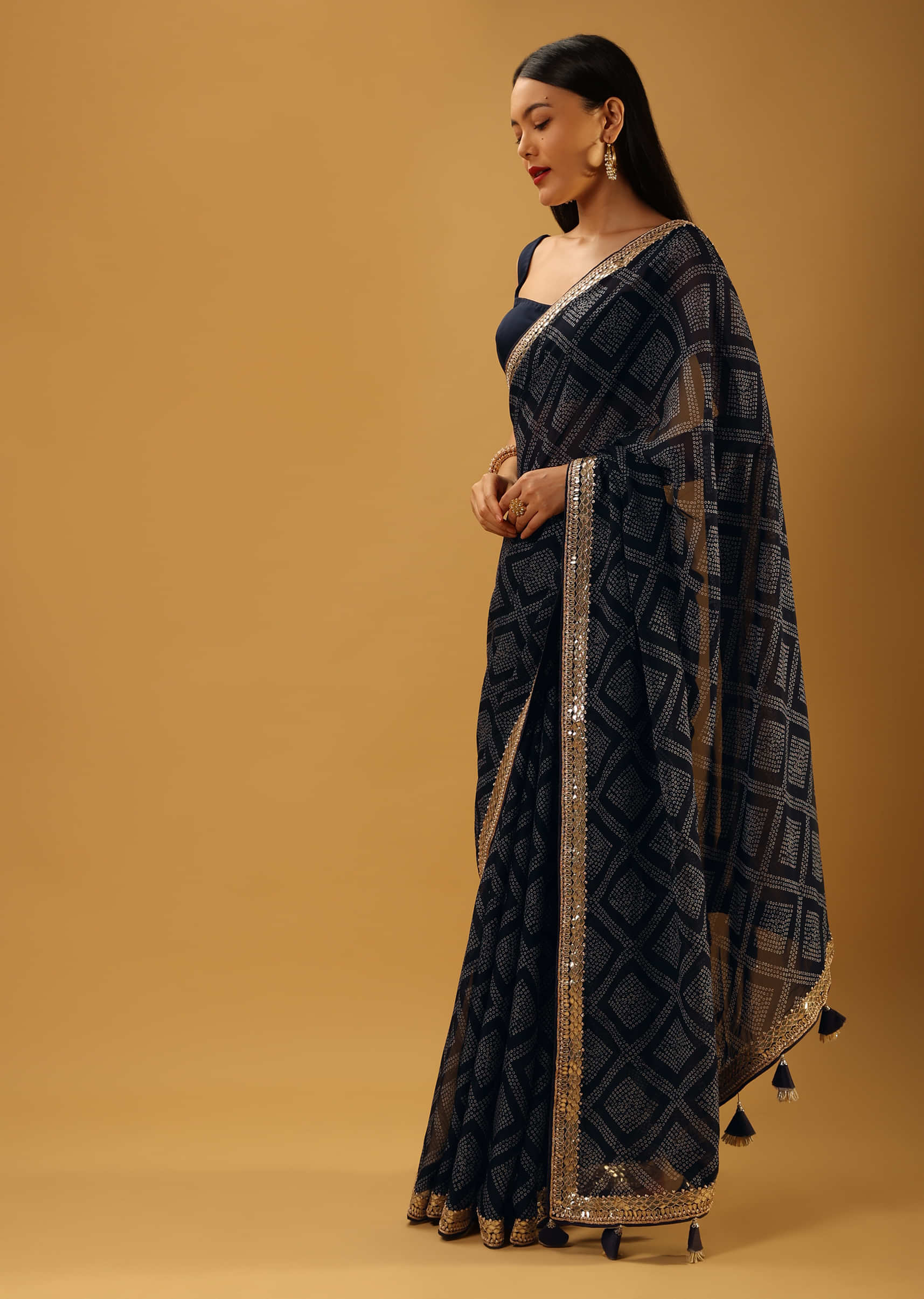 Midnight Blue Saree In Organza With Bandhani Printed Geometric Jaal And Gotta Border  