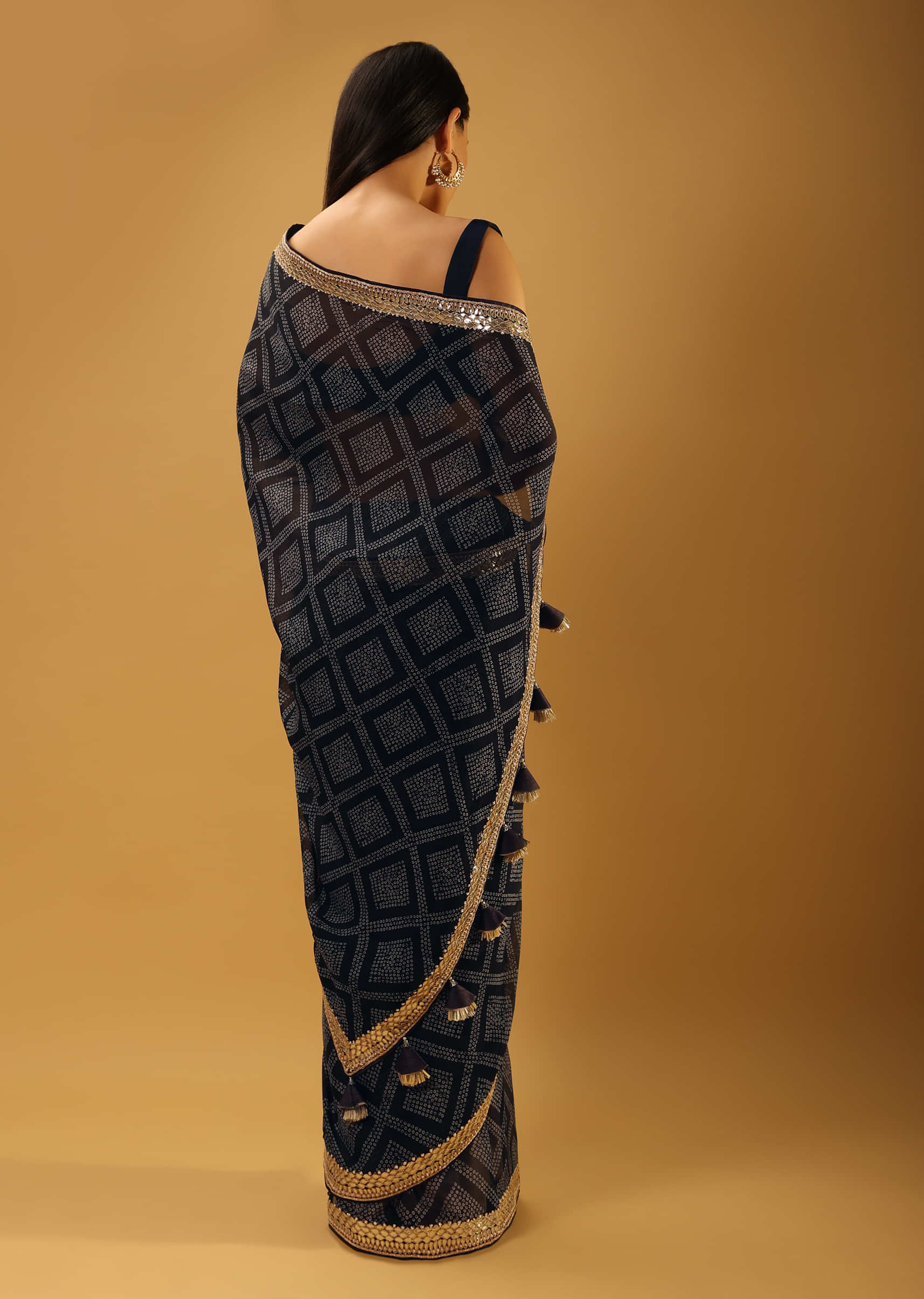 Midnight Blue Saree In Organza With Bandhani Printed Geometric Jaal And Gotta Border  
