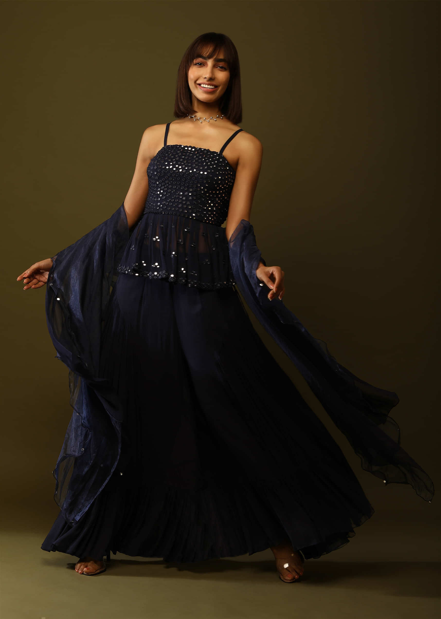 Midnight Blue Sharara And Peplum Suit With Mirror Abla Embroidery And Ruffle Dupatta  