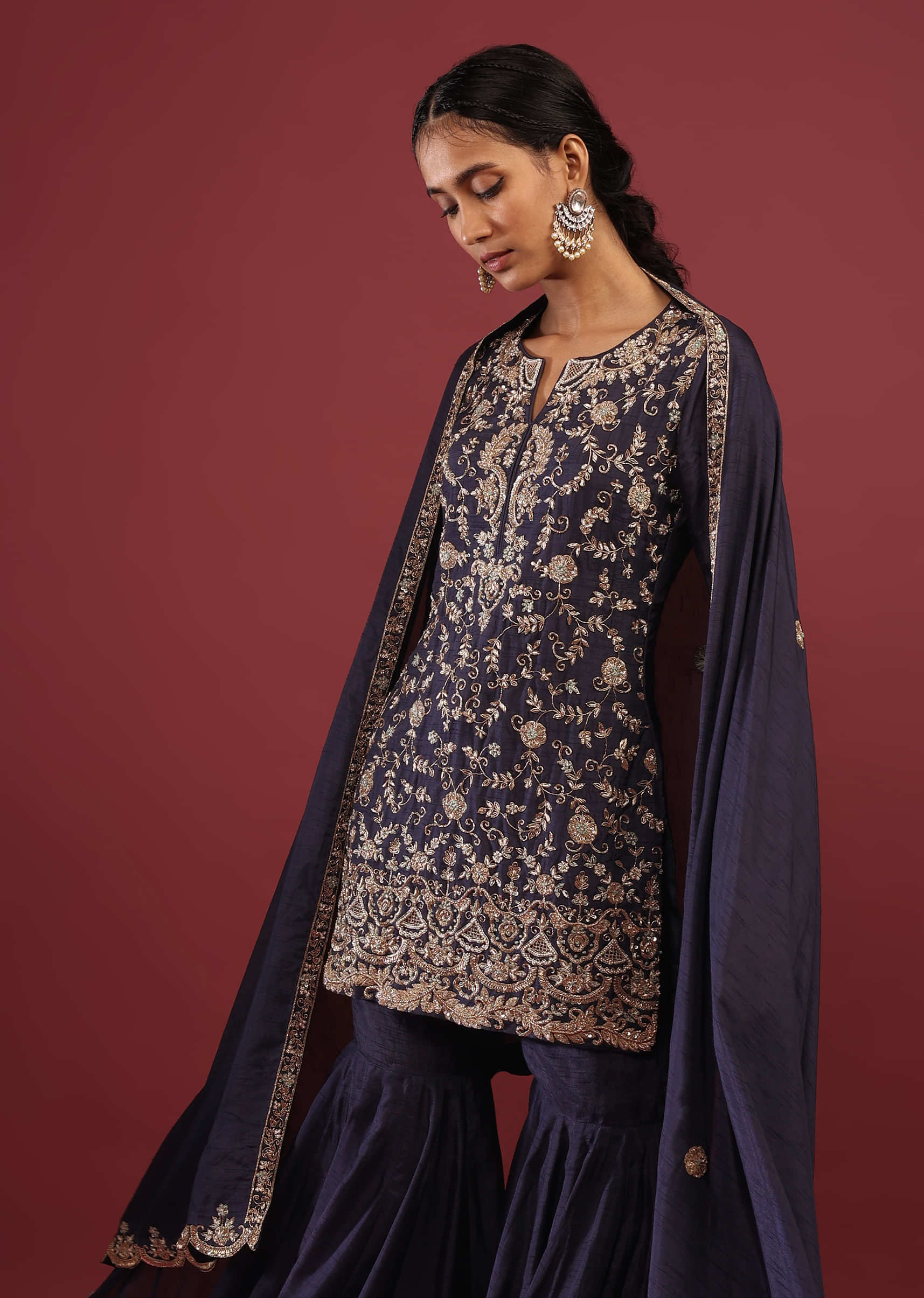 Persian Blue Sharara Suit In Raw Silk With Zardosi And Moti Embroidered Floral Work