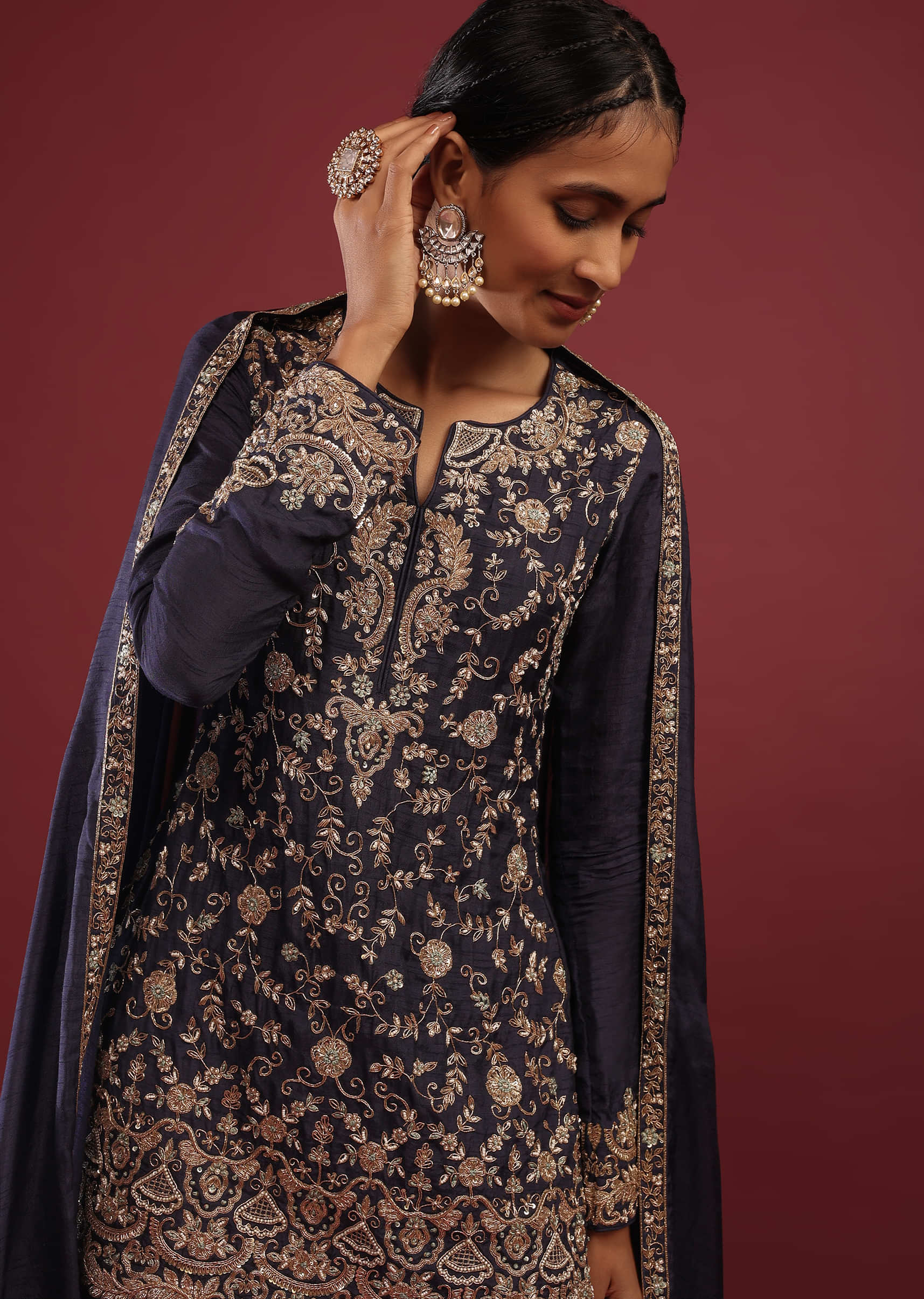 Persian Blue Sharara Suit In Raw Silk With Zardosi And Moti Embroidered Floral Work