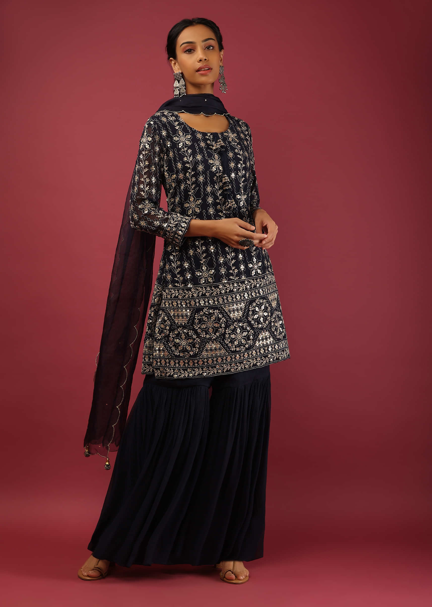 Midnight Blue Sharara Suit With Lucknowi Thread Embroidered Floral Motifs And Sequin Accents  