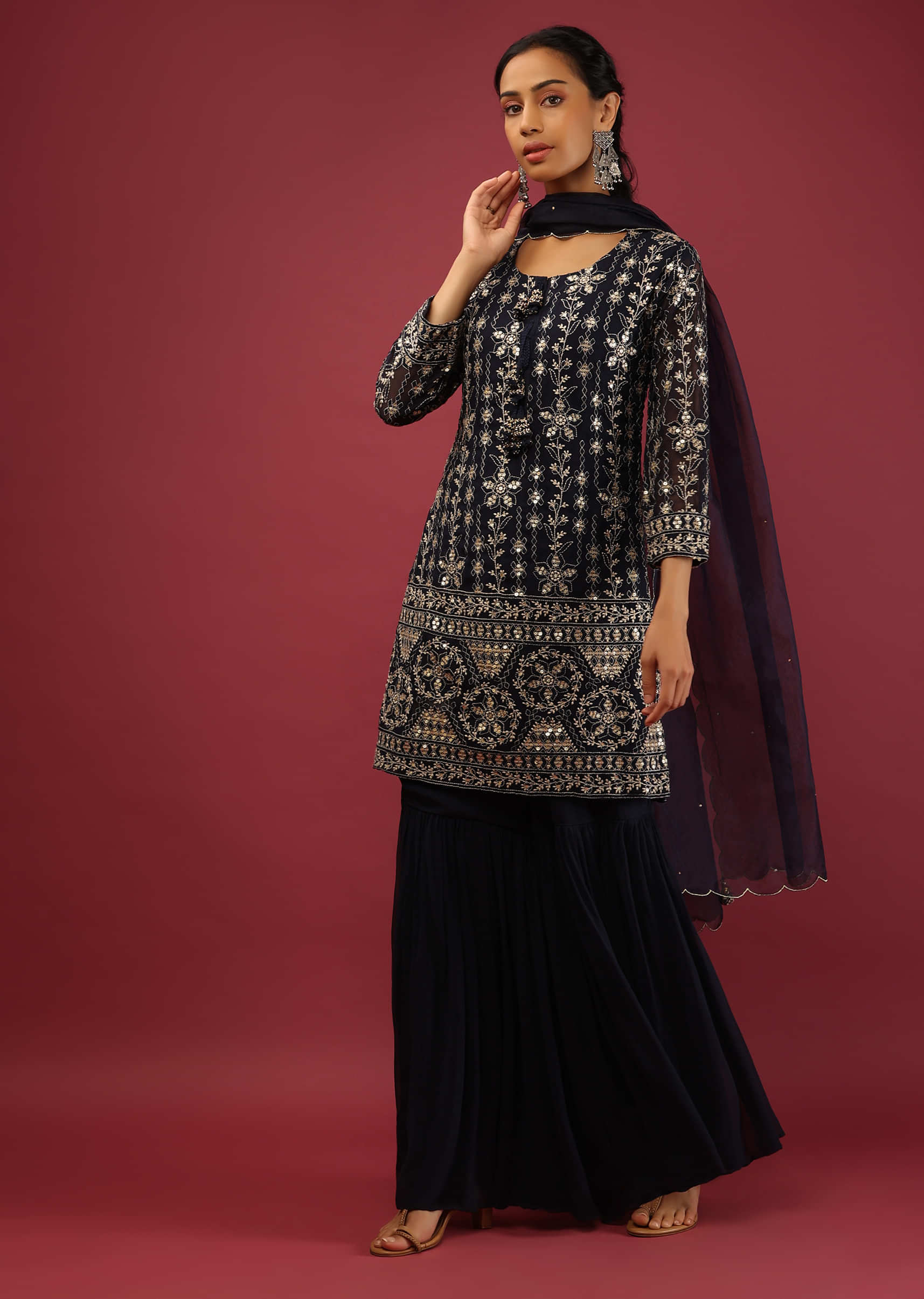 Midnight Blue Sharara Suit With Lucknowi Thread Embroidered Floral Motifs And Sequin Accents  
