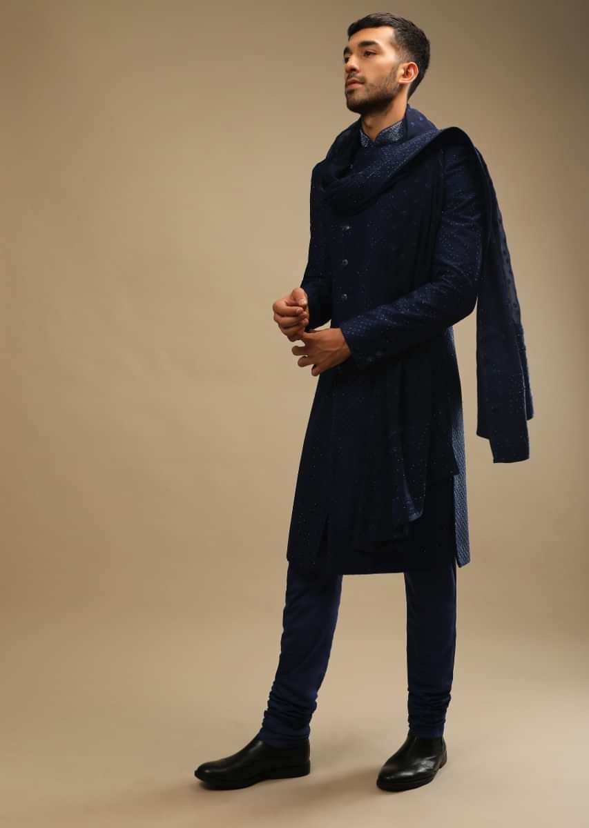 Midnight Blue Sherwani Set In Georgette With Thread And Kundan Embroidered Jaal Design And Matching Dupatta  