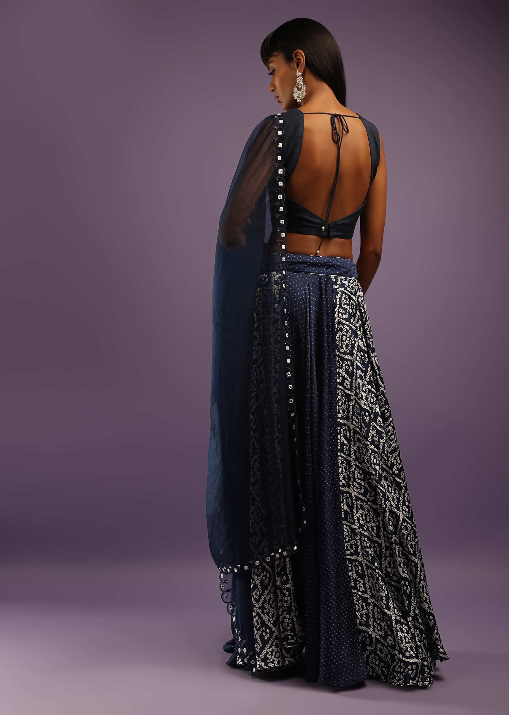 Midnight Blue Skirt In Satin Blend With Bandhani Print And Abla Embroidered Crop Top 