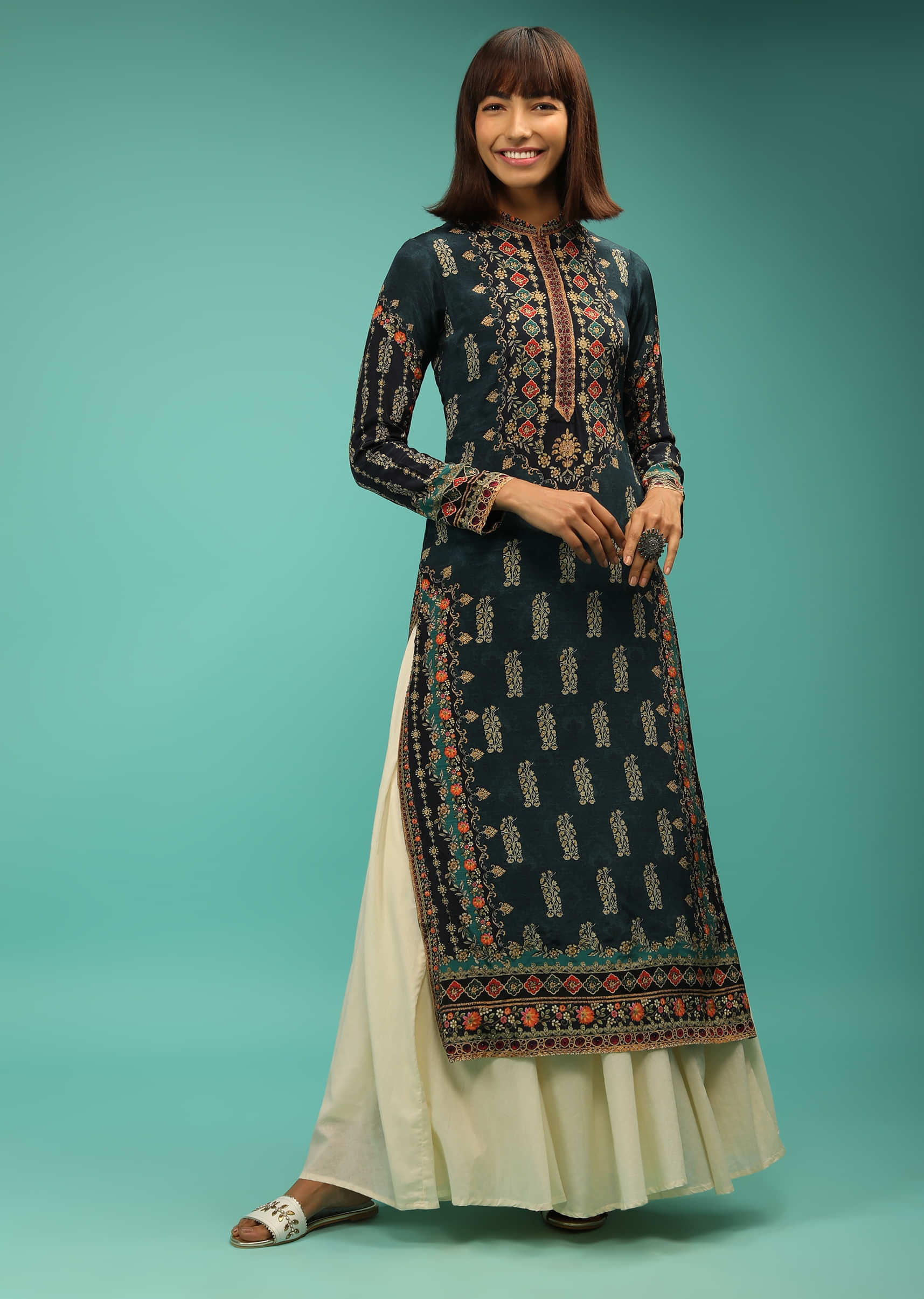Midnight Blue Straight Cut Kurti In Crepe With Floral Printed Bodice And Floral Buttis 