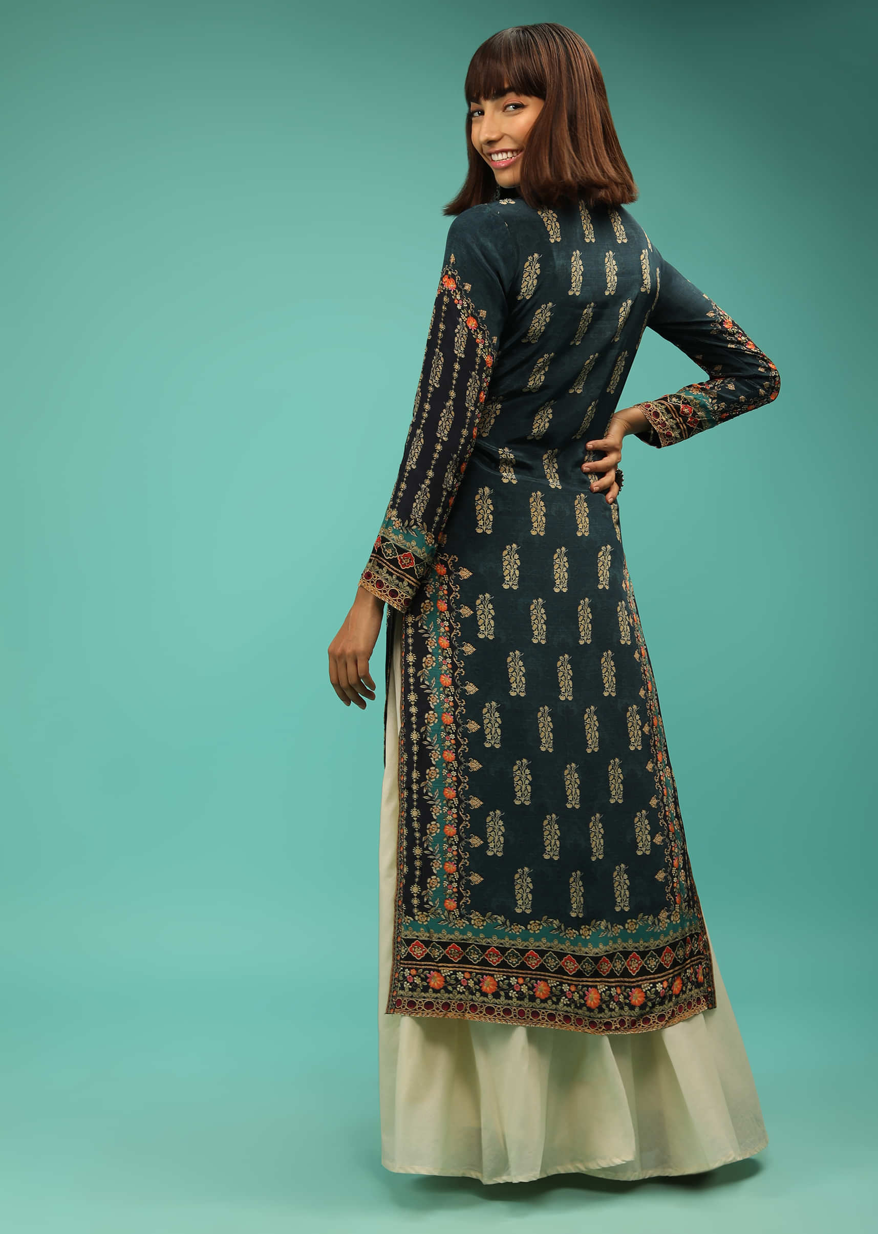Midnight Blue Straight Cut Kurti In Crepe With Floral Printed Bodice And Floral Buttis 