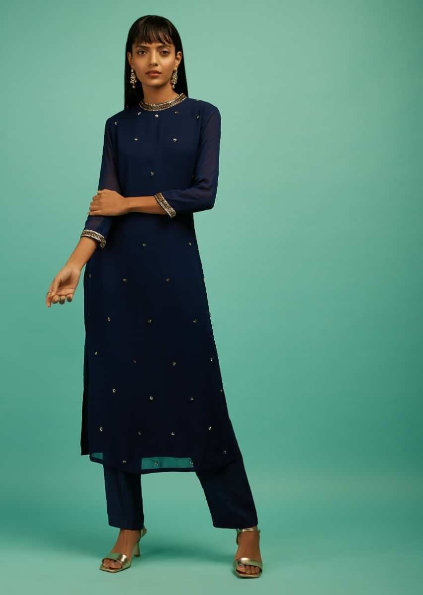 Buy Navy Blue Embroidered Georgette Nayra Cut Kurti From Ethnic Plus