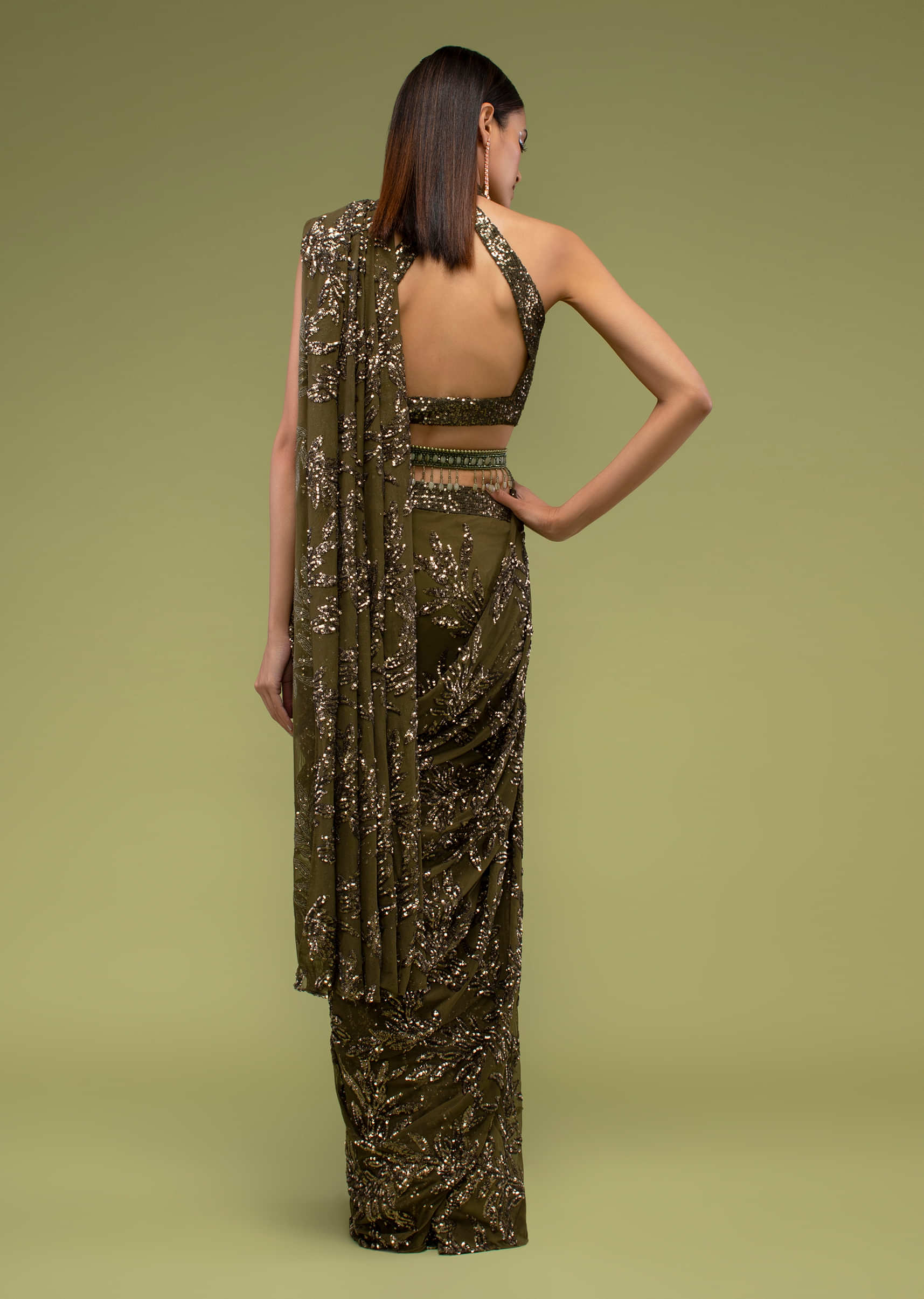 Military Olive Ready Pleated Saree In Sequins Embroidery, Crafted In Net With Side Zip Closure