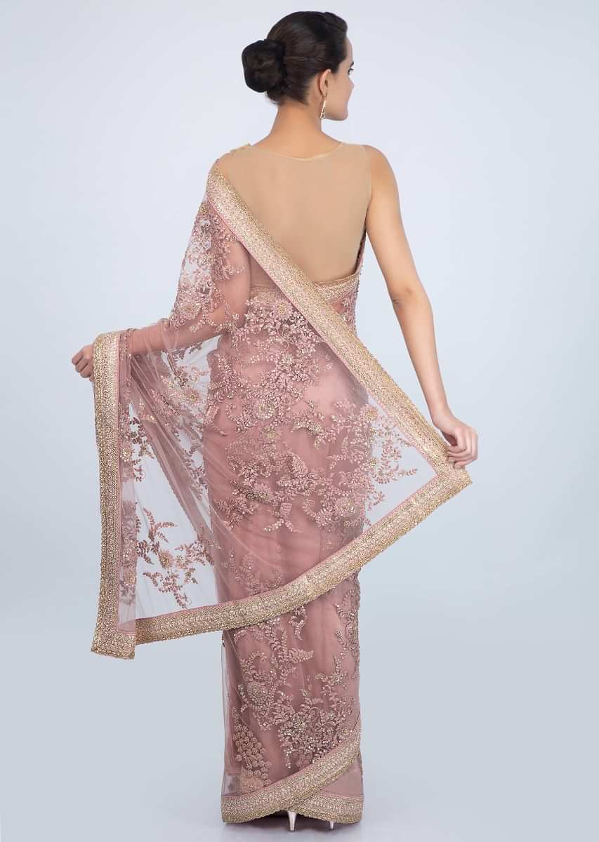 Millennial Pink Saree In Sheer Net With Self Thread Embroidered Butti And Kundan Online - Kalki Fashion