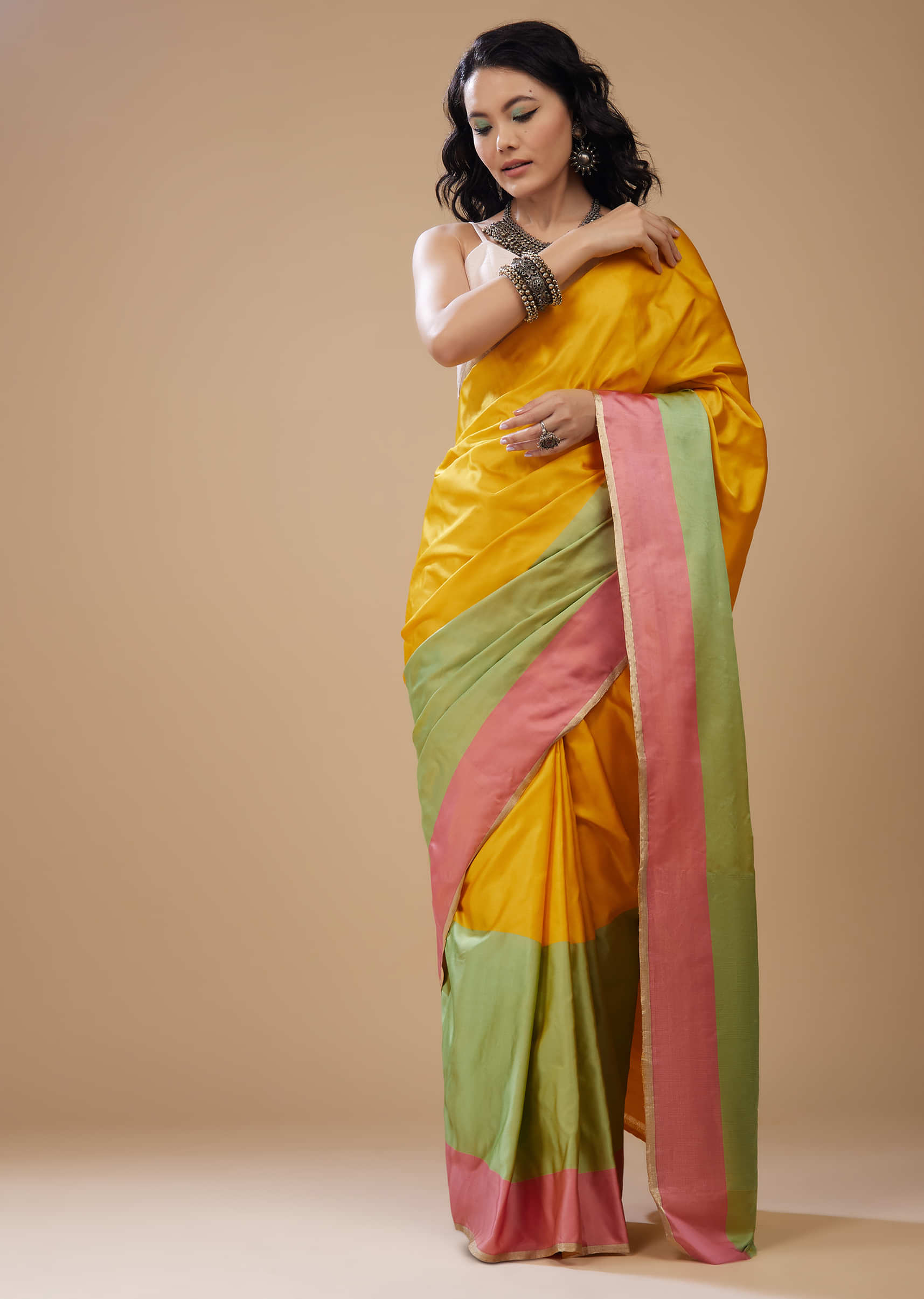 Off-White Color Organza Base Half And Half Saree With Mirror Work Blouse