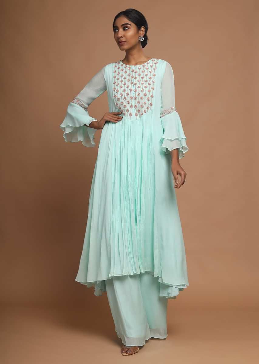 Buy Mint A Line Suit With Palazzo Pants And Embroidered Yoke With