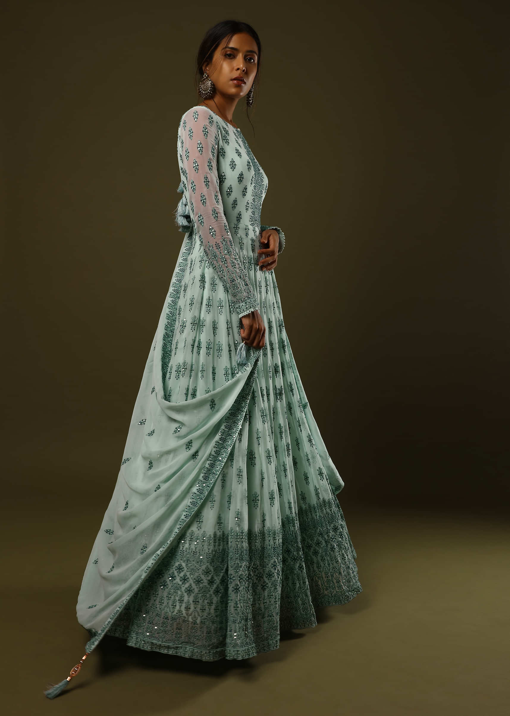 Mint Anarkali Suit In Georgette With Dark Green Thread And Sequins Embroidered Buttis And Intricate Border Design  