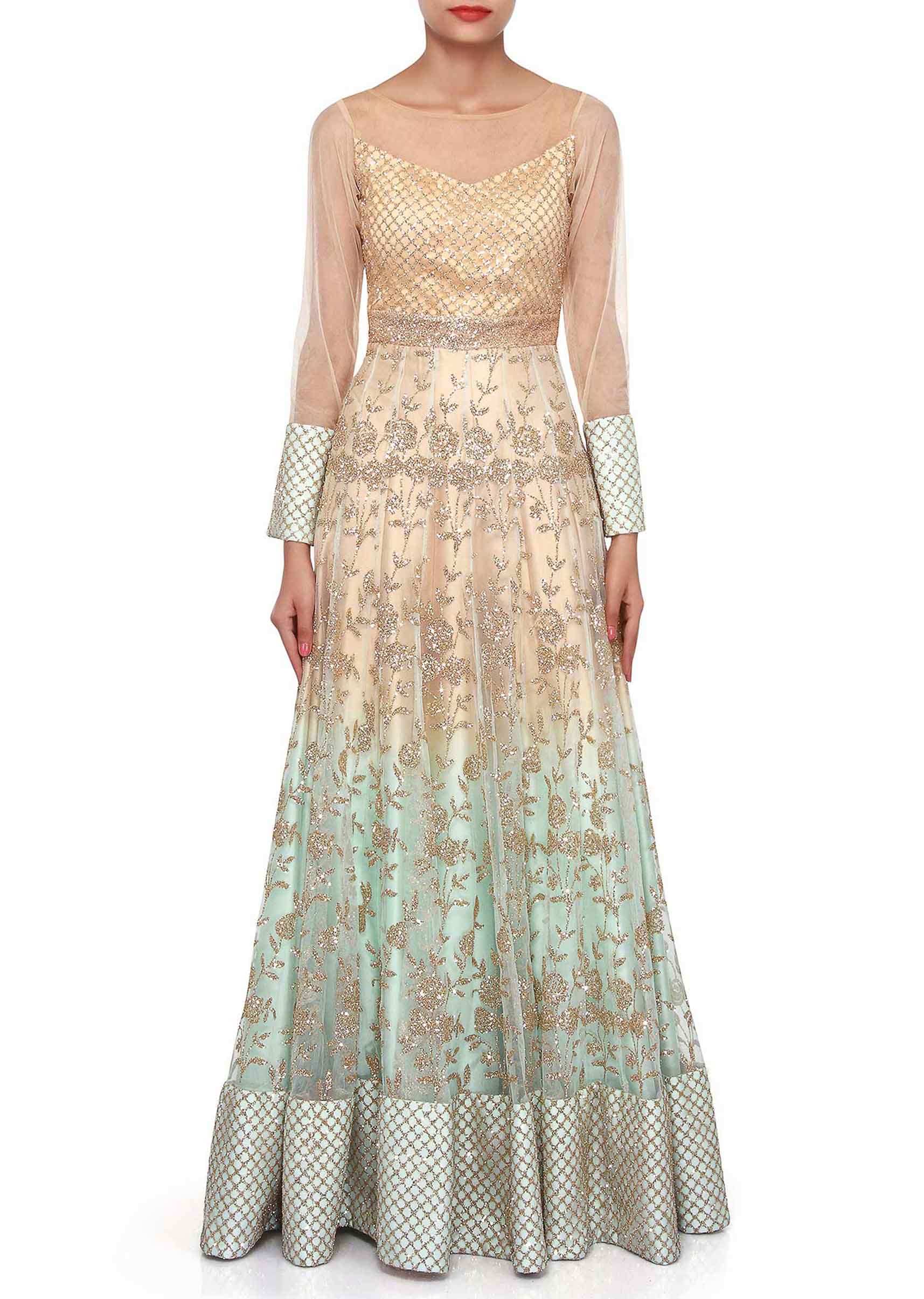 Mint and beige anarkali suit adorn in sequin embroidery only on Kalki