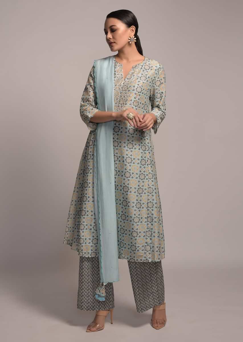 Buy Mint Blue A Line Kurta Set In Cotton With Jaal Print And Dark Green Palazzo  Pants Online  Kalki Fashion