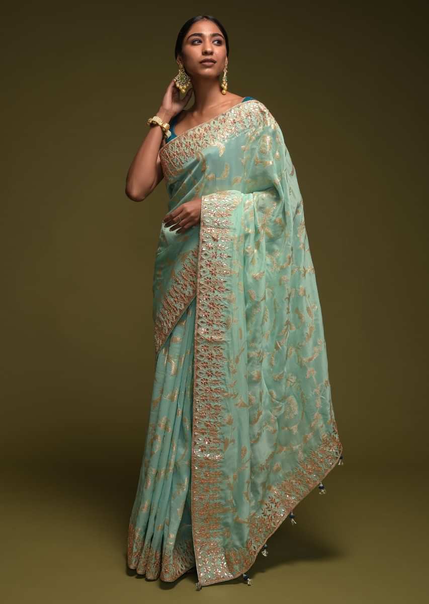 Buy Mint Blue Banarasi Saree In Silk Blend With Woven Floral Jaal ...