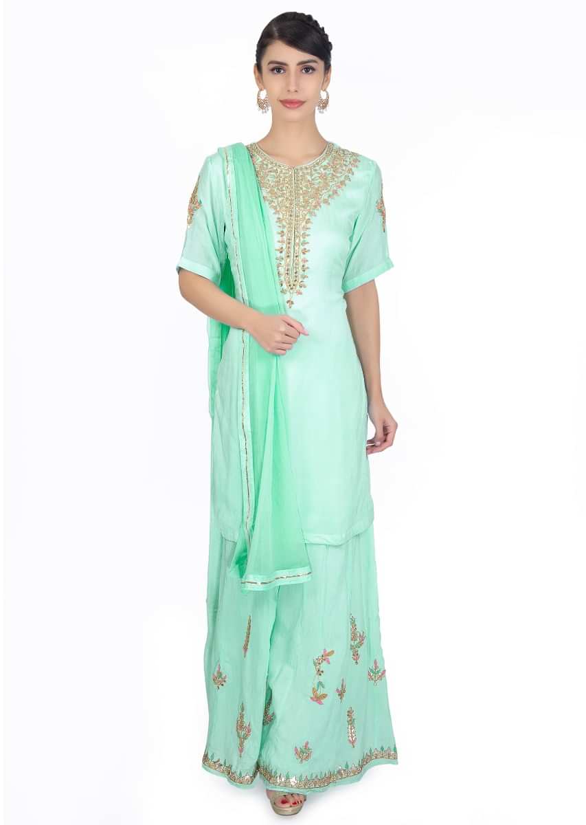 Mint blue cotton suit paired with embroidered palazzo and  chiffon dupatta