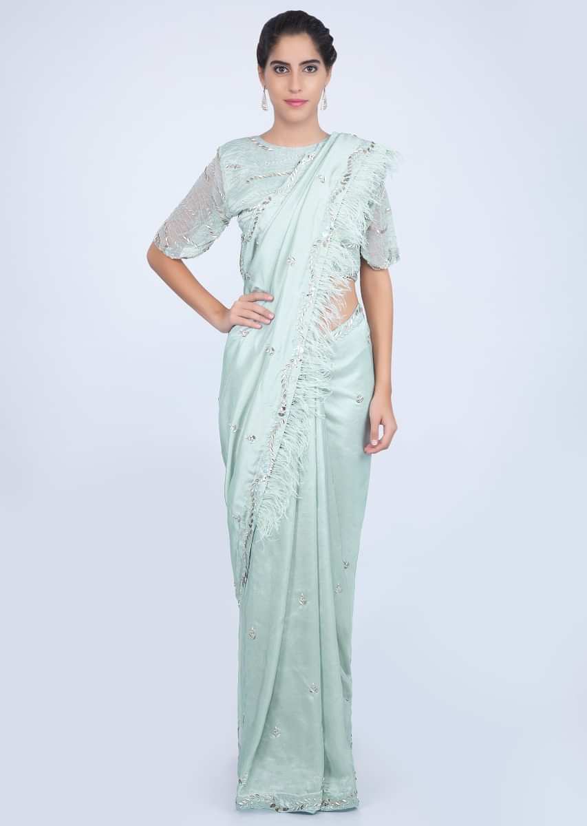 Mint Blue Saree In Embroidered Silk With Feathers Online - Kalki Fashion