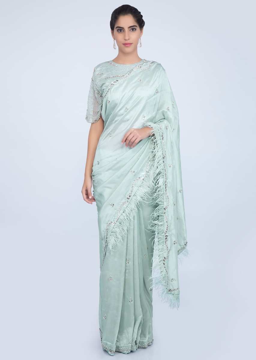 Mint Blue Saree In Embroidered Silk With Feathers Online - Kalki Fashion