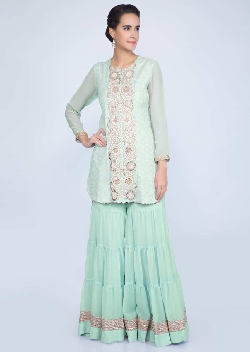 Buy Mint Blue High Low Suit With Matching Sharara And Salmon Pink ...