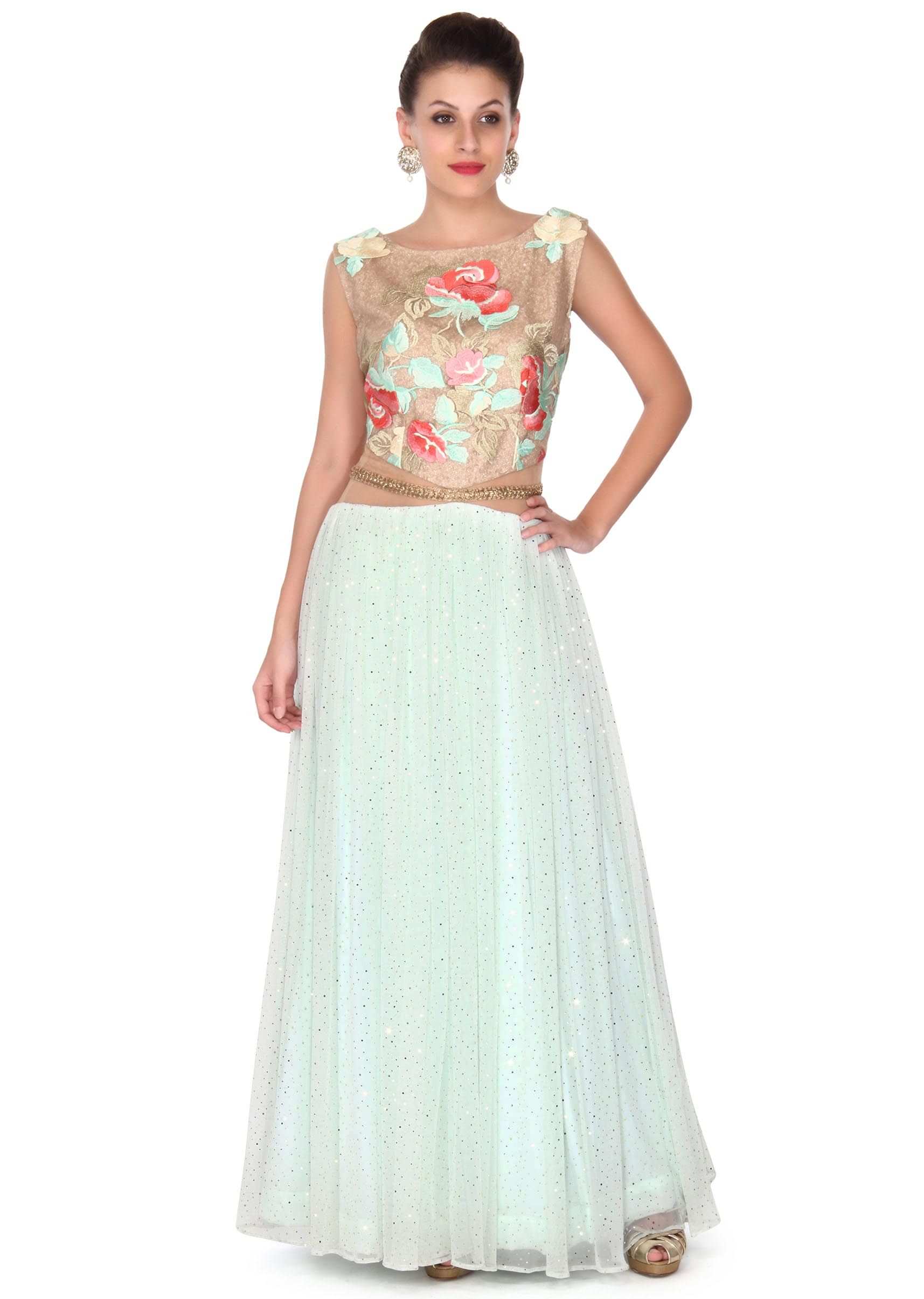 Mint blue gown adorn in resham and sequin only on Kalki