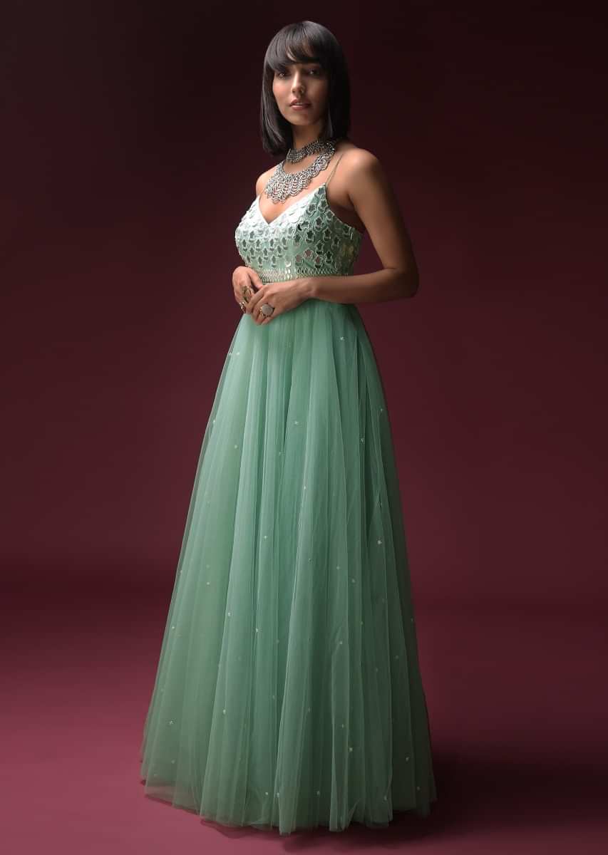 Mint Blue Indowestern Anarkali Suit In Net With Hand Embroidery Work Using Flower Cut Mirrors On The Bodice  