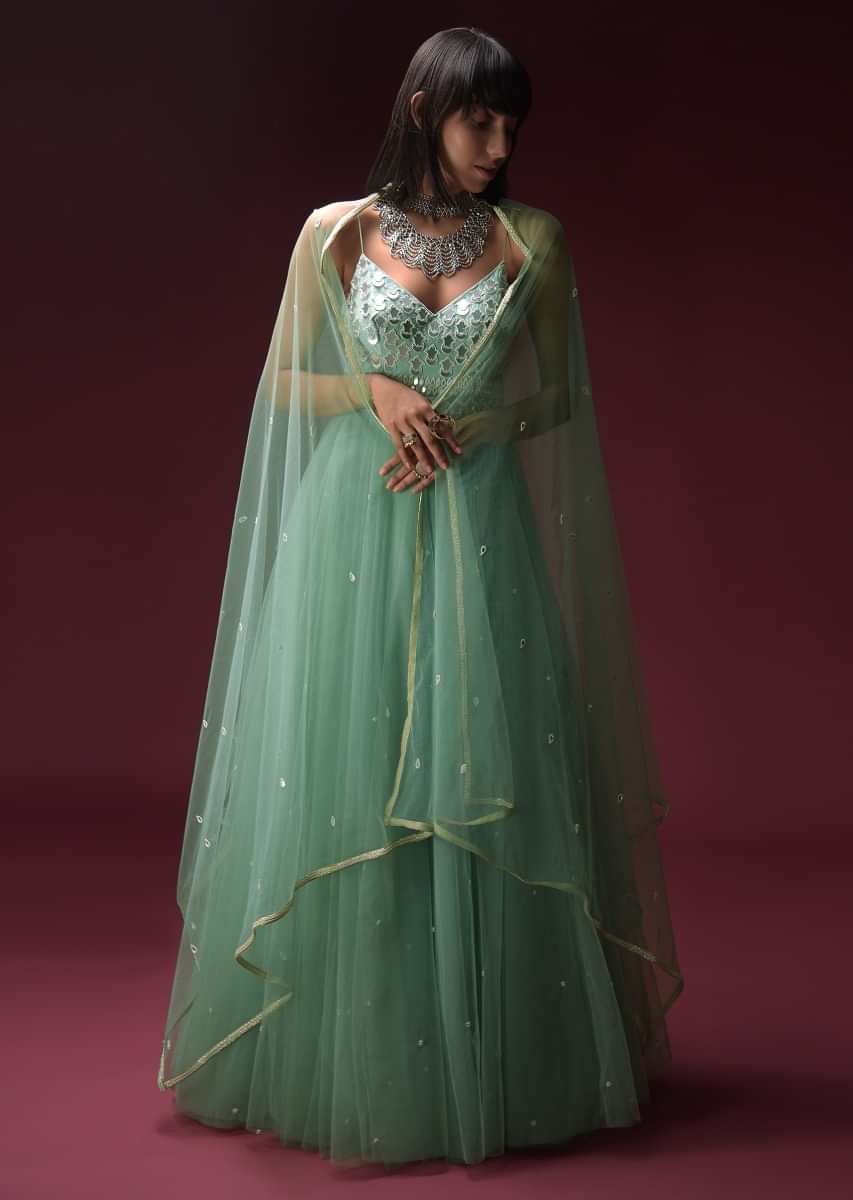 Mint Blue Indowestern Anarkali Suit In Net With Hand Embroidery Work Using Flower Cut Mirrors On The Bodice  