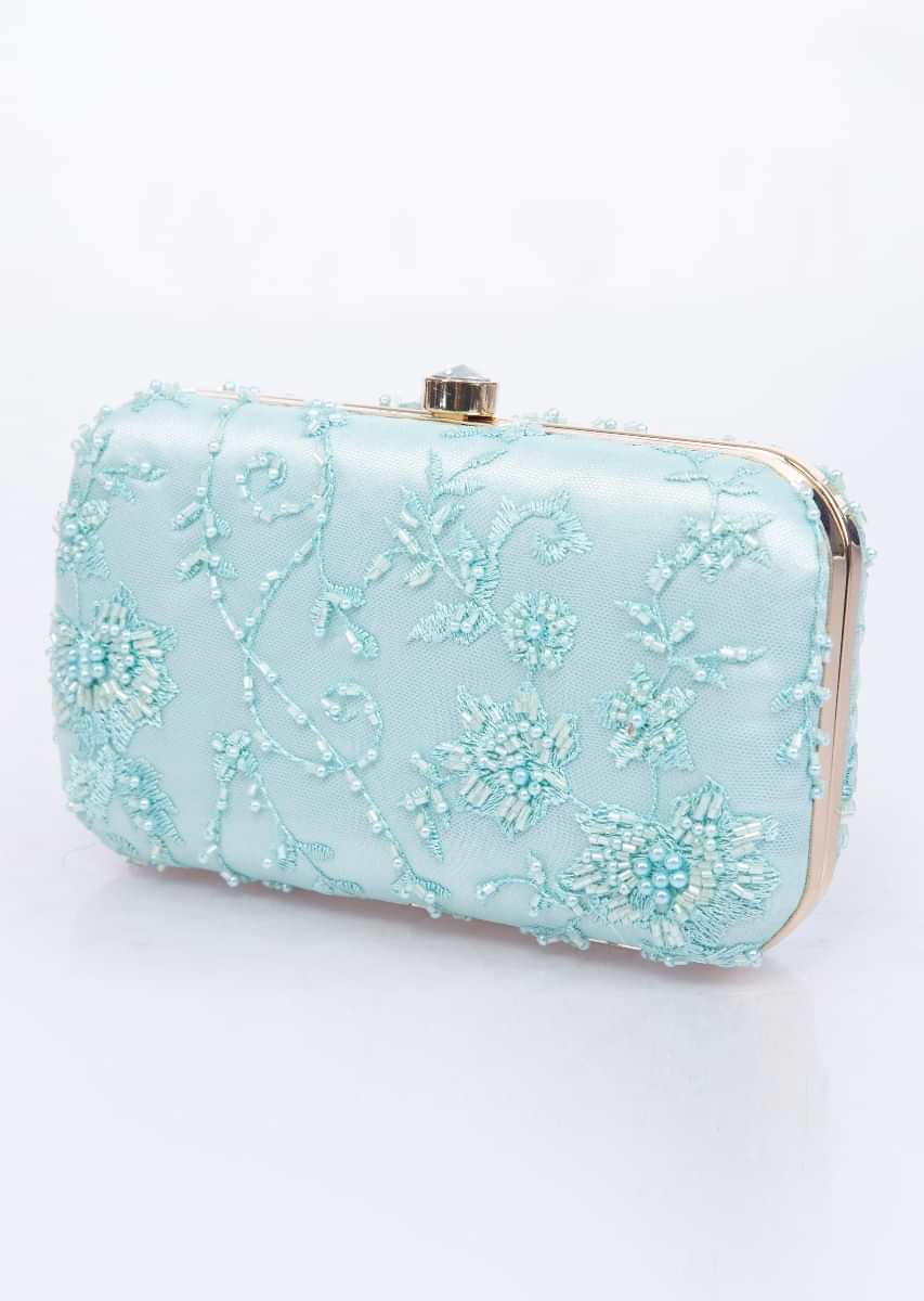 Mint blue sling clutch bag with self resham, moti and cut dana floral embroidery only on Kalki