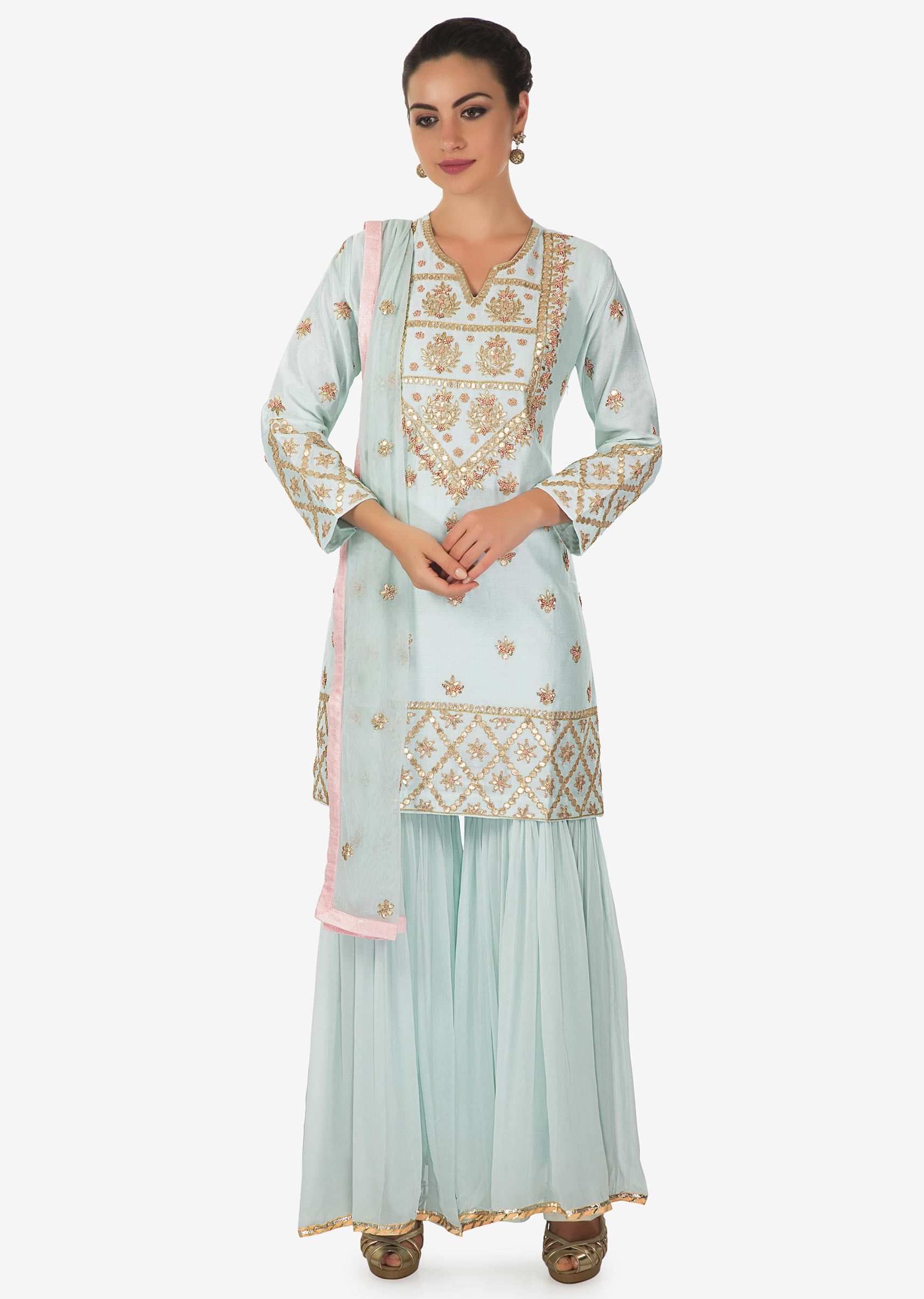 Mint blue straight palazzo suit in cotton silk with gotta patch and french knot embroidered butti only on Kalki