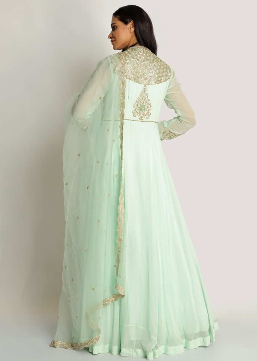 Mint green anarkali suit in georgette with embroidered bodice and sleeve