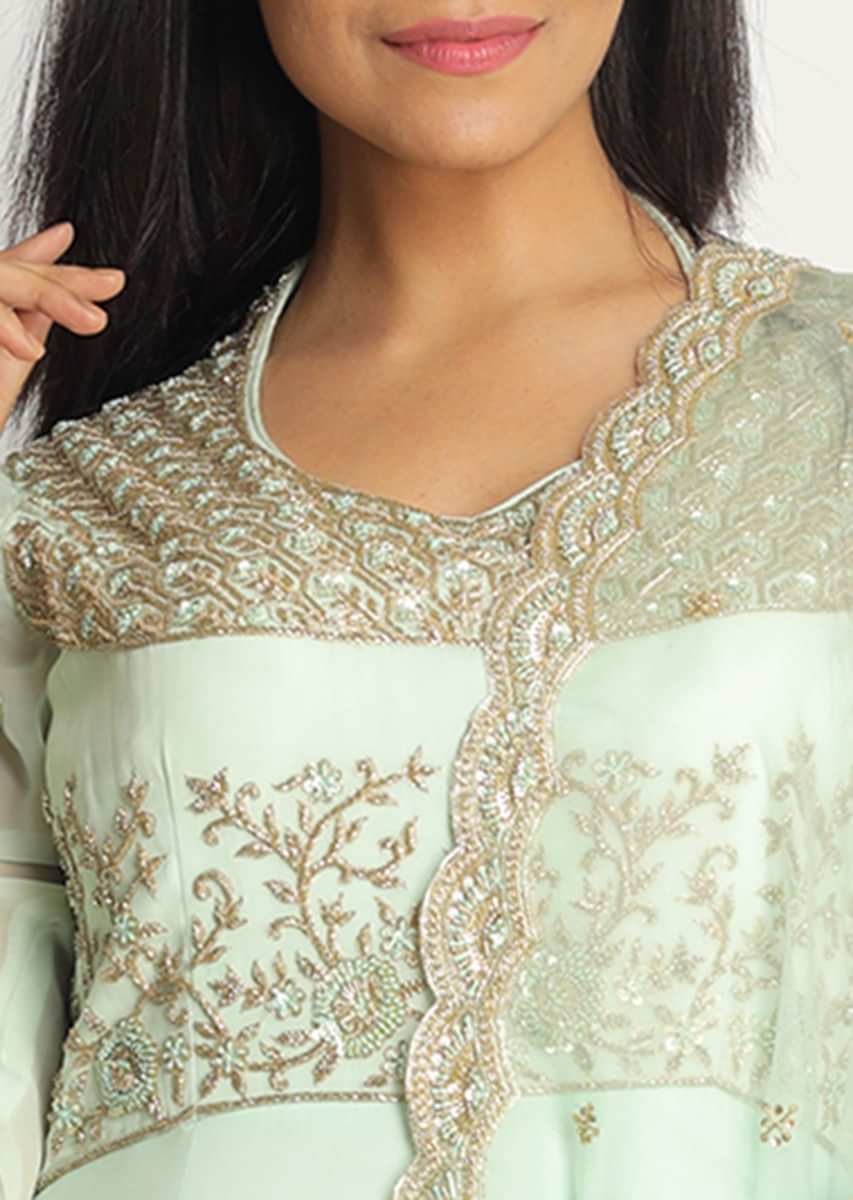 Mint green anarkali suit in georgette with embroidered bodice and sleeve