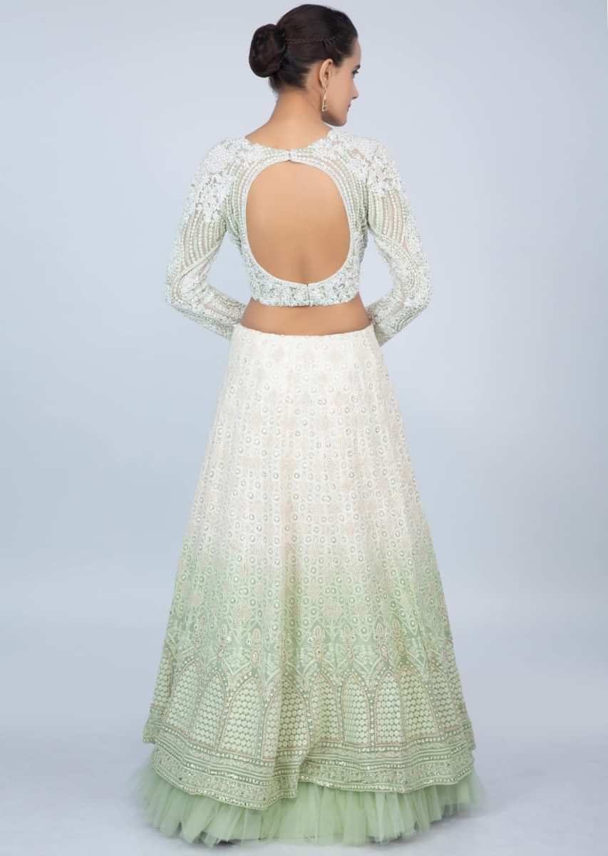 Mint Green And White Shaded Lehenga With In Lucknowi Embroidery With Moti Studded Net Blouse Online - Kalki Fashion