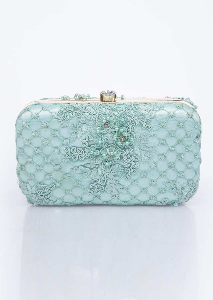 Mint green clutch with self cord, moti, cut dana and resham embroidery only on Kalki