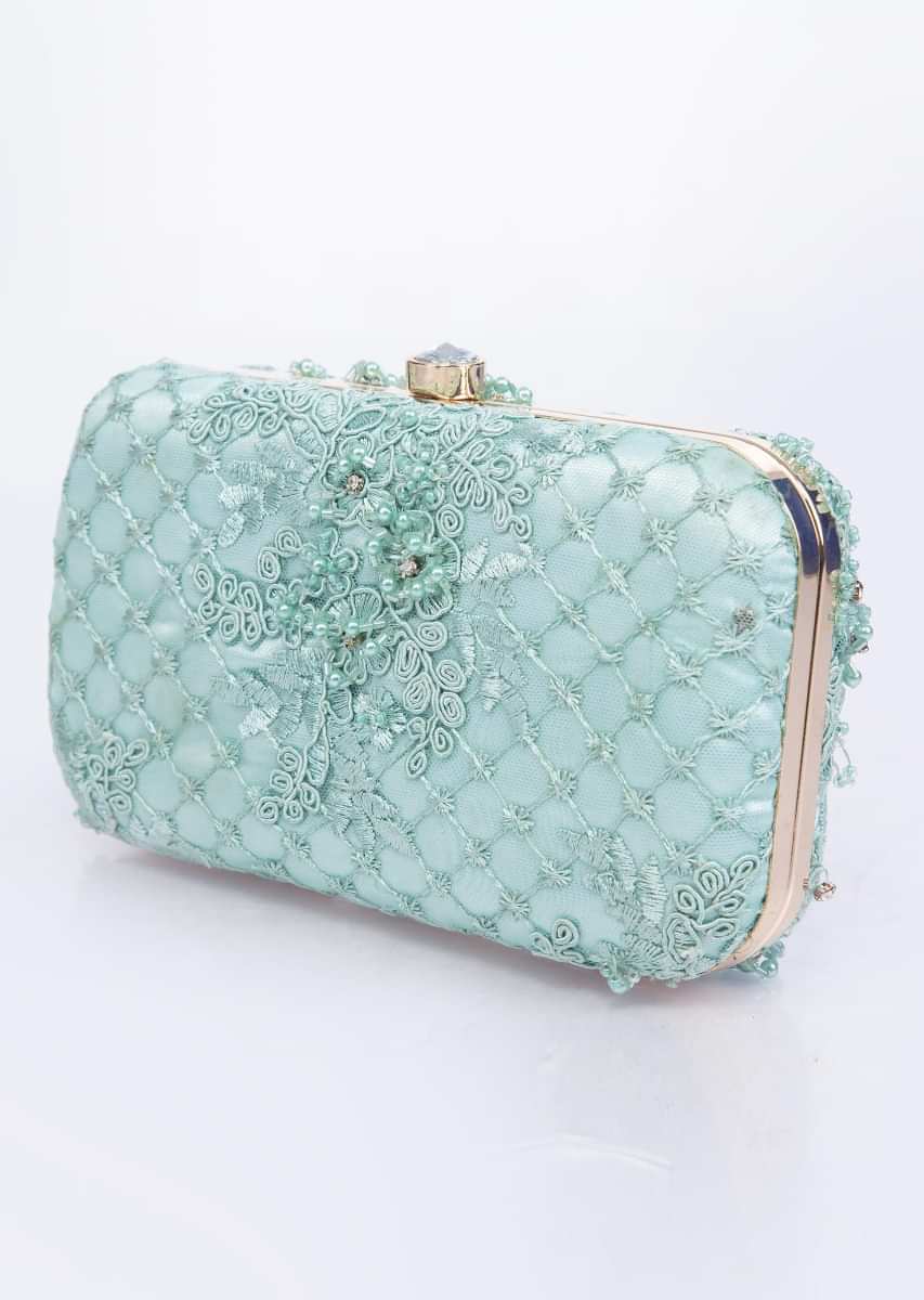 Mint green clutch with self cord, moti, cut dana and resham embroidery only on Kalki